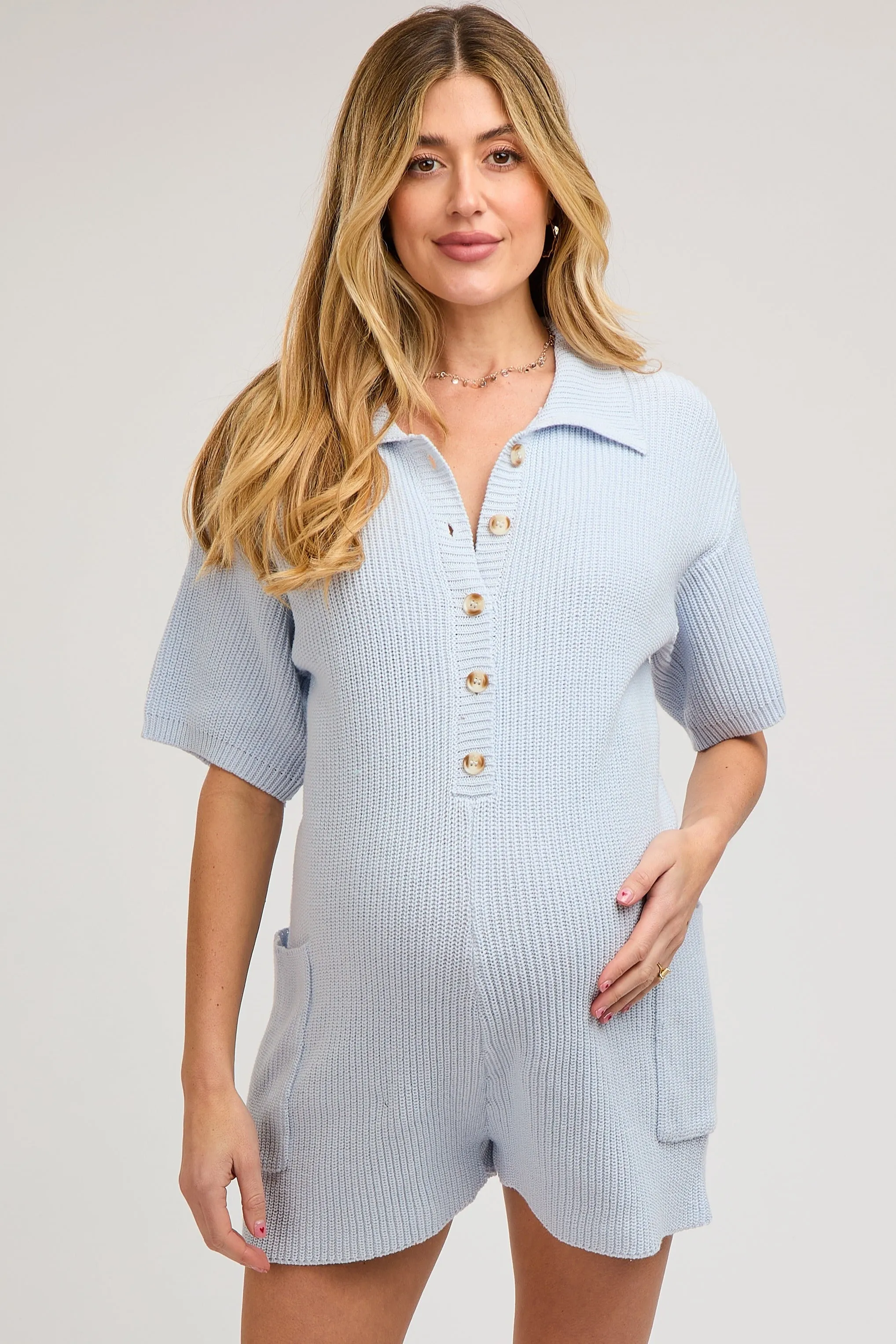 Light Blue Sweater Knit Front Button Maternity Romper sold by Pinkblush