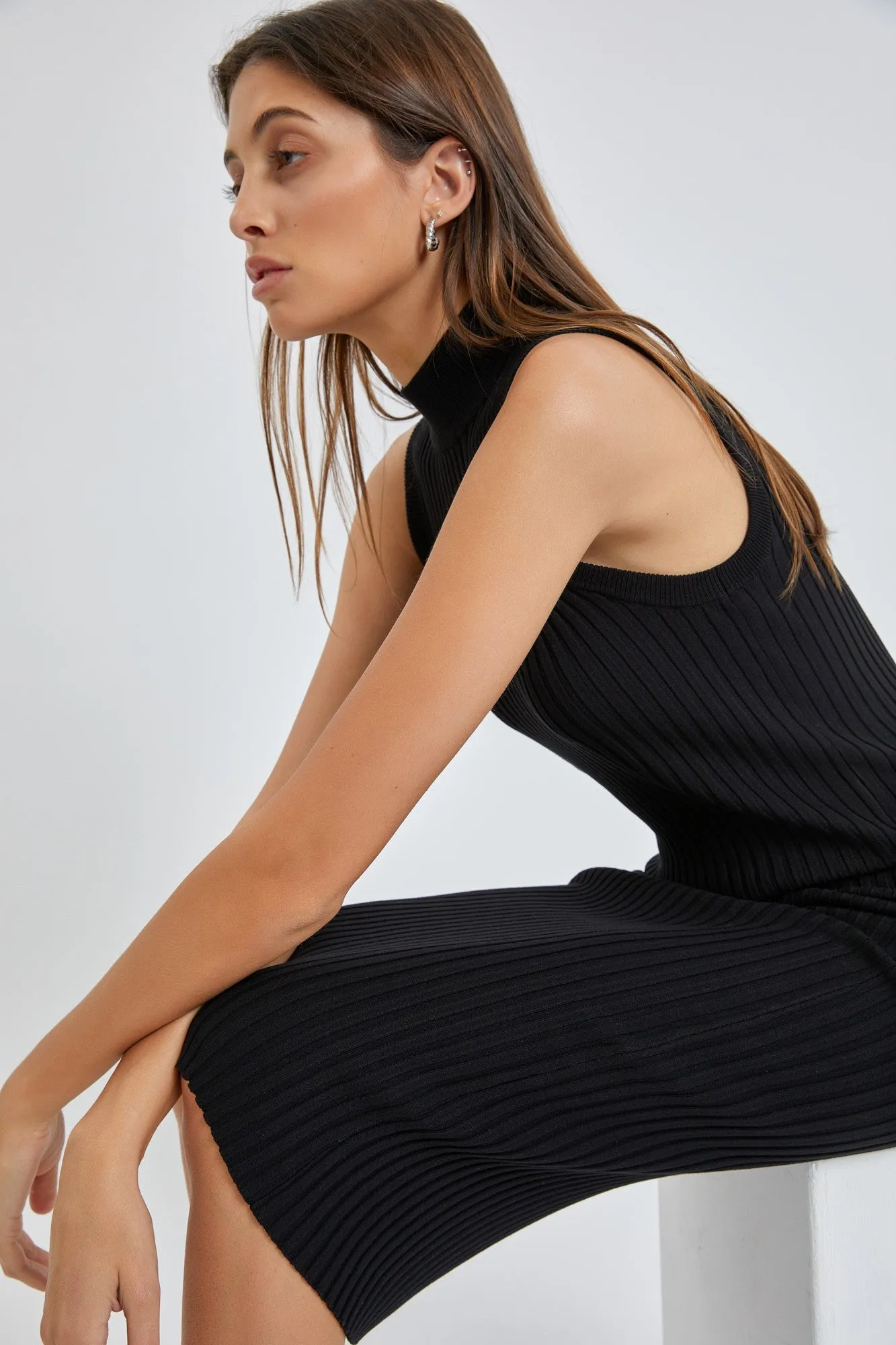Black Ribbed Fitted Mock Neck Dress sold by Pinkblush product image thumbnail 4