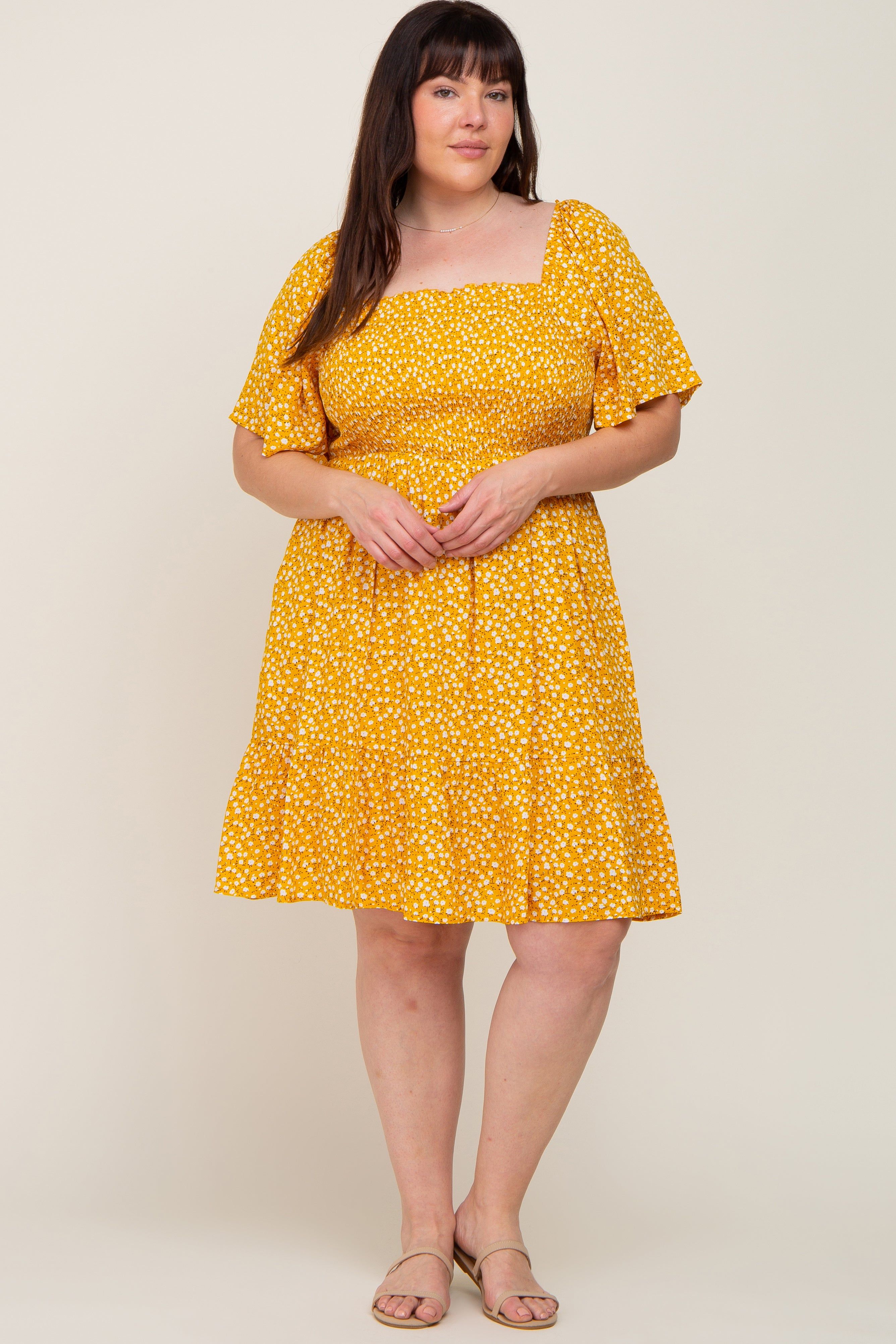 Yellow Floral Smocked Square Neck Ruffle Hem Plus Dress sold by Pinkblush product image thumbnail 4