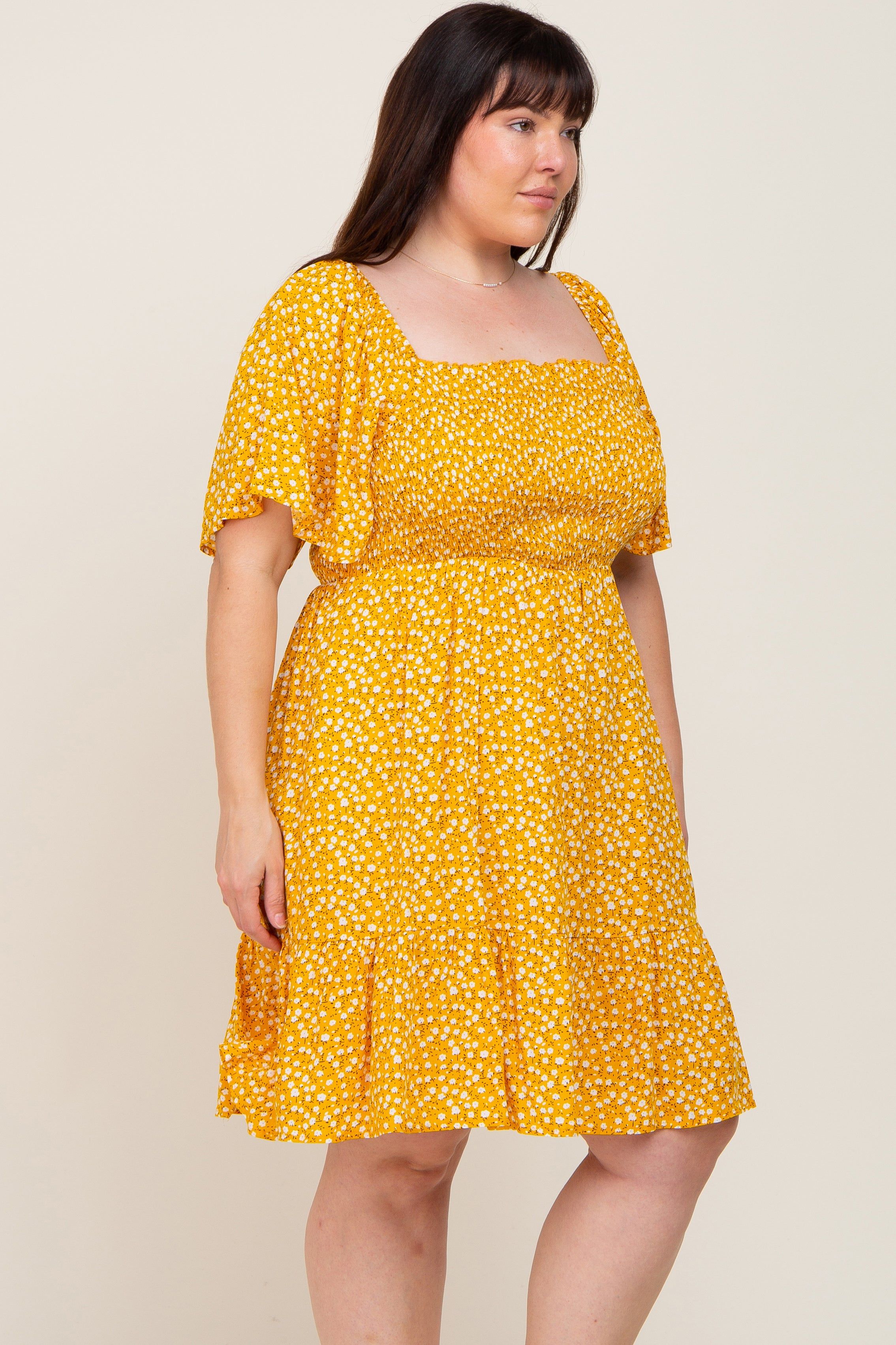 Yellow Floral Smocked Square Neck Ruffle Hem Plus Dress sold by Pinkblush product image thumbnail 2