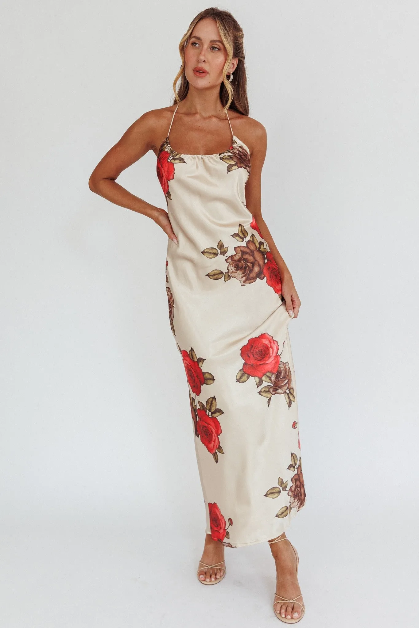 Beige Halterneck Floral Print Ruched Front Maxi Dress sold by Pinkblush
