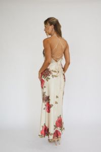 Beige Halterneck Floral Print Ruched Front Maxi Dress sold by Pinkblush