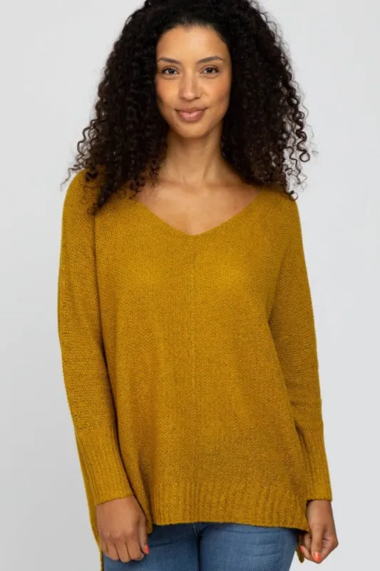 Mustard V-Neck Side Slit Sweater sold by Pinkblush