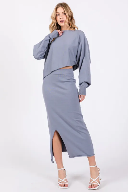 Light Blue Long Sleeve Crop Top Midi Skirt Set sold by Pinkblush