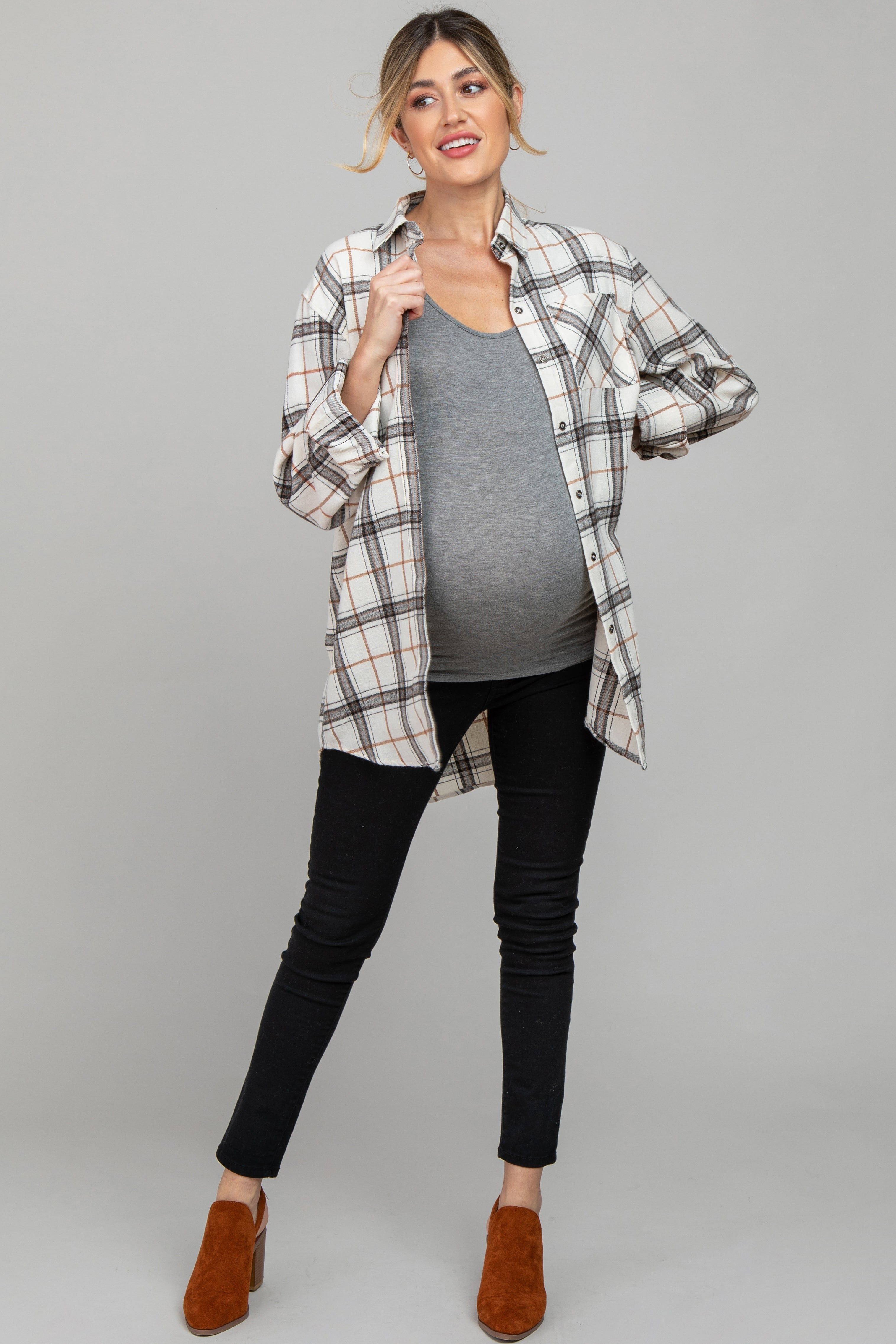 Ivory Plaid Front Pocket Button Up Flannel Maternity Top sold by Pinkblush product image thumbnail 2