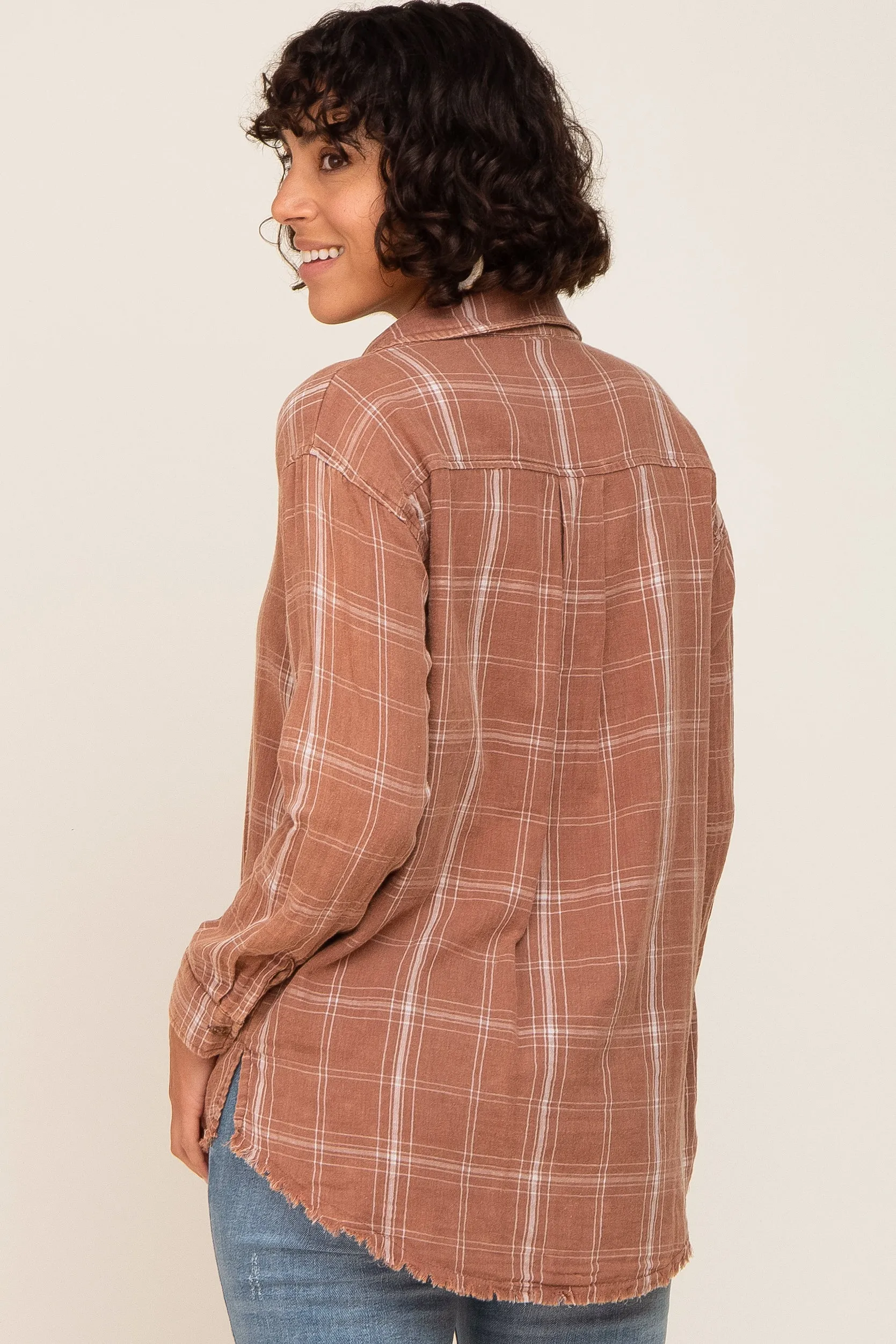 Rust Plaid Button Front Raw Hem Top sold by Pinkblush product image thumbnail 3