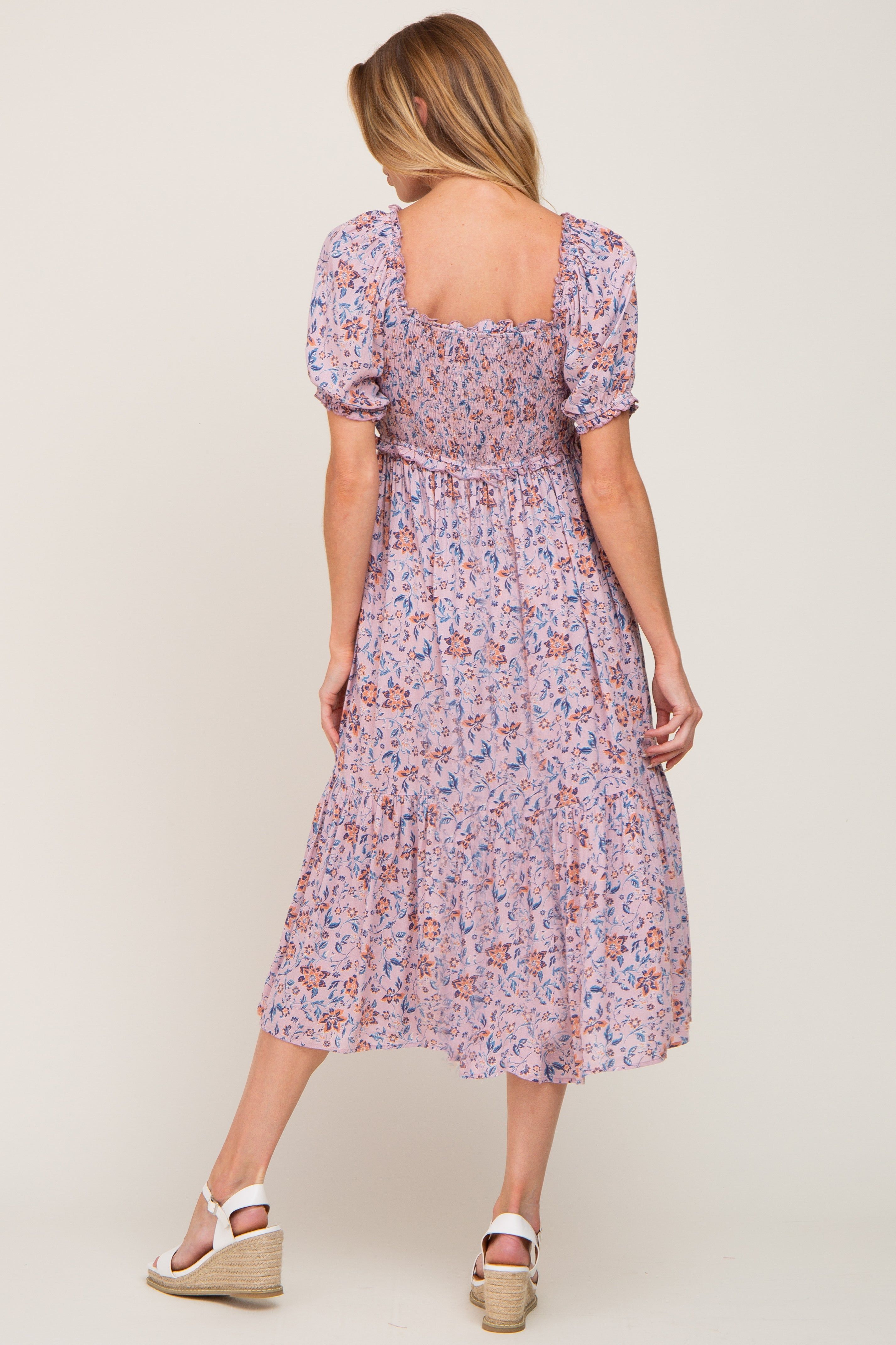 Mauve Floral Smocked Sweetheart Neck Midi Dress sold by Pinkblush product image thumbnail 3