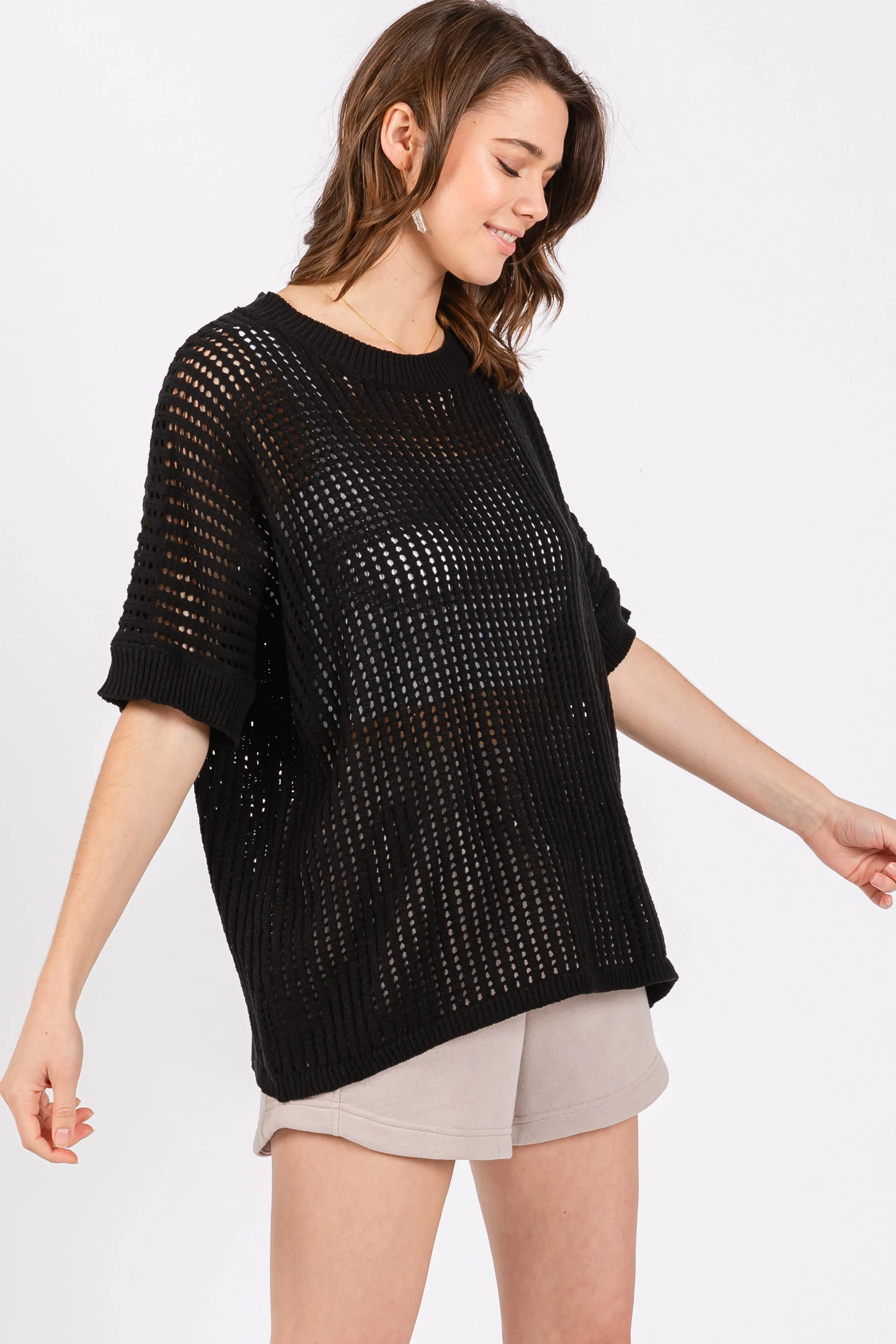 Black Crochet Knit Short Dolman Sleeve Top sold by Pinkblush product image thumbnail 2