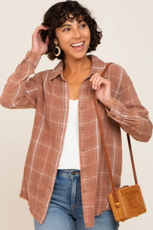 Rust Plaid Button Front Raw Hem Top sold by Pinkblush