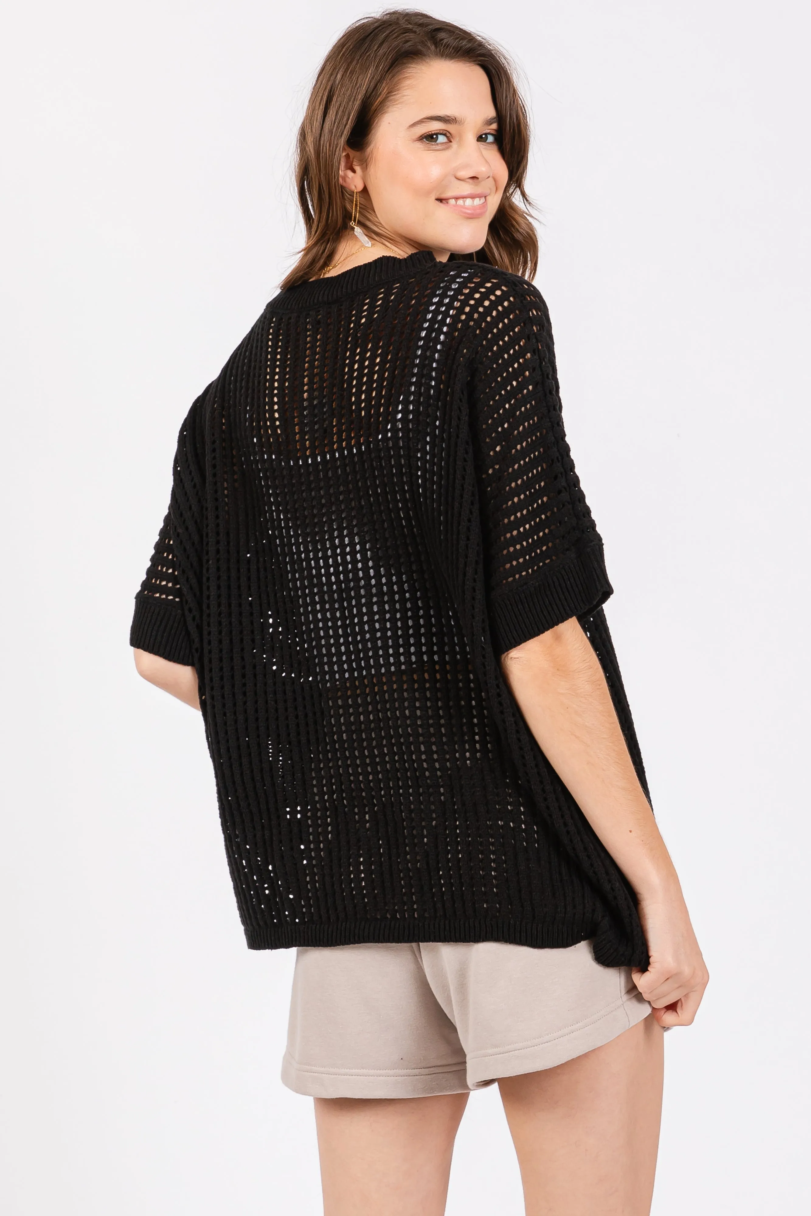 Black Crochet Knit Short Dolman Sleeve Top sold by Pinkblush product image thumbnail 3
