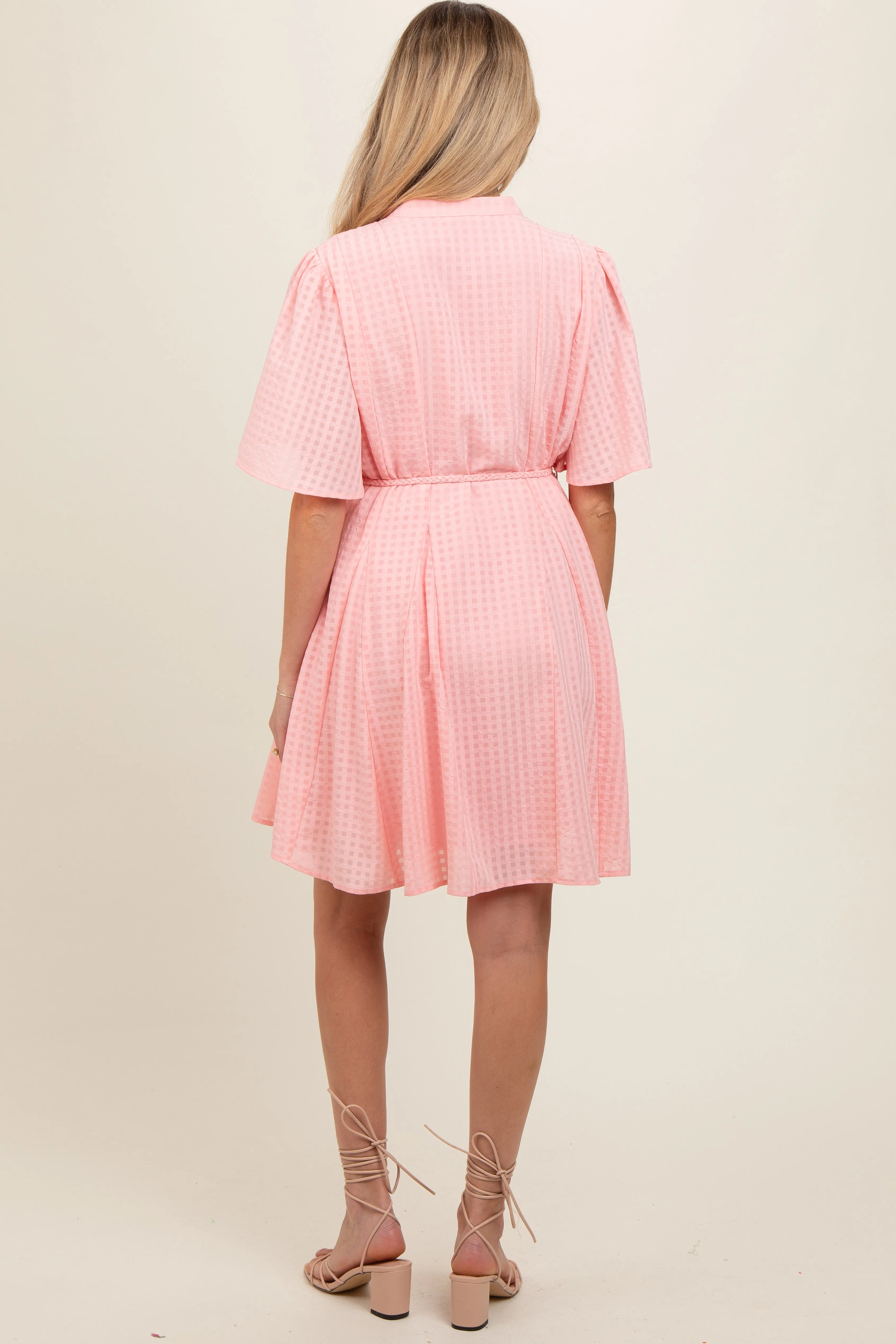 Pink Checkered Braided Belt Button Front Maternity Dress sold by Pinkblush product image thumbnail 4