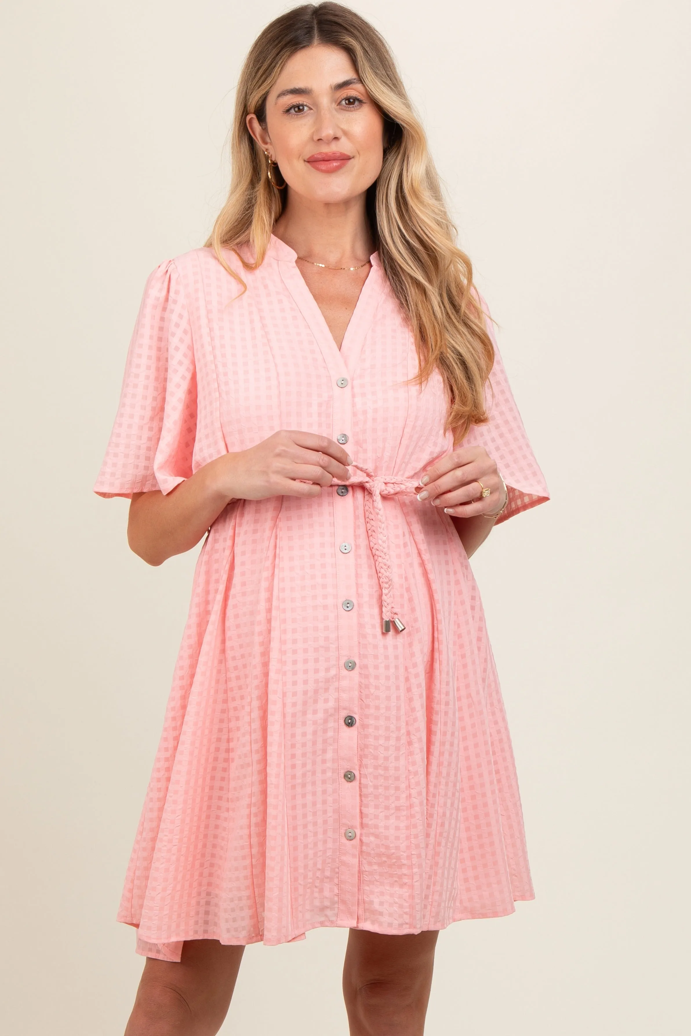 Pink Checkered Braided Belt Button Front Maternity Dress sold by Pinkblush
