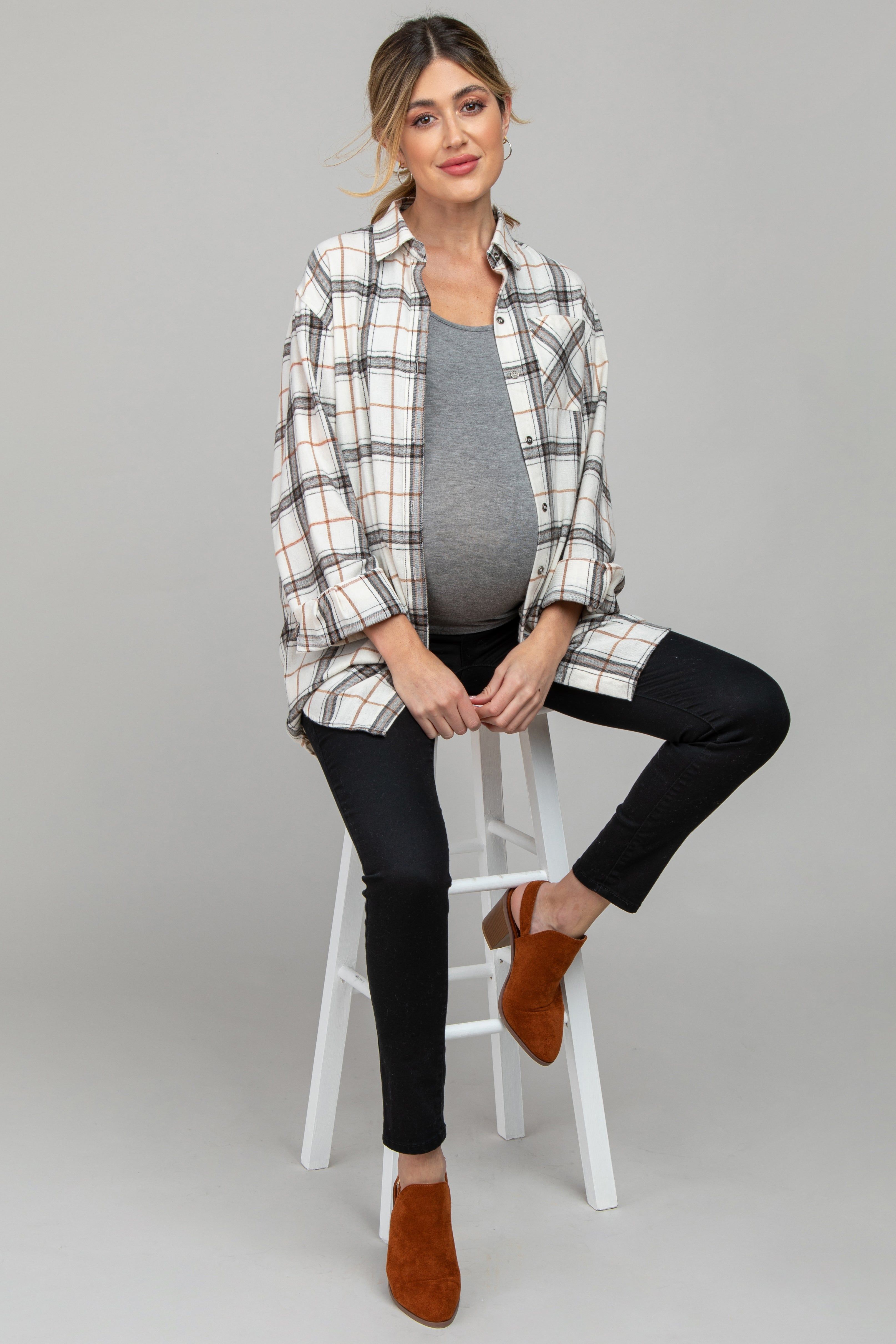 Ivory Plaid Front Pocket Button Up Flannel Maternity Top sold by Pinkblush