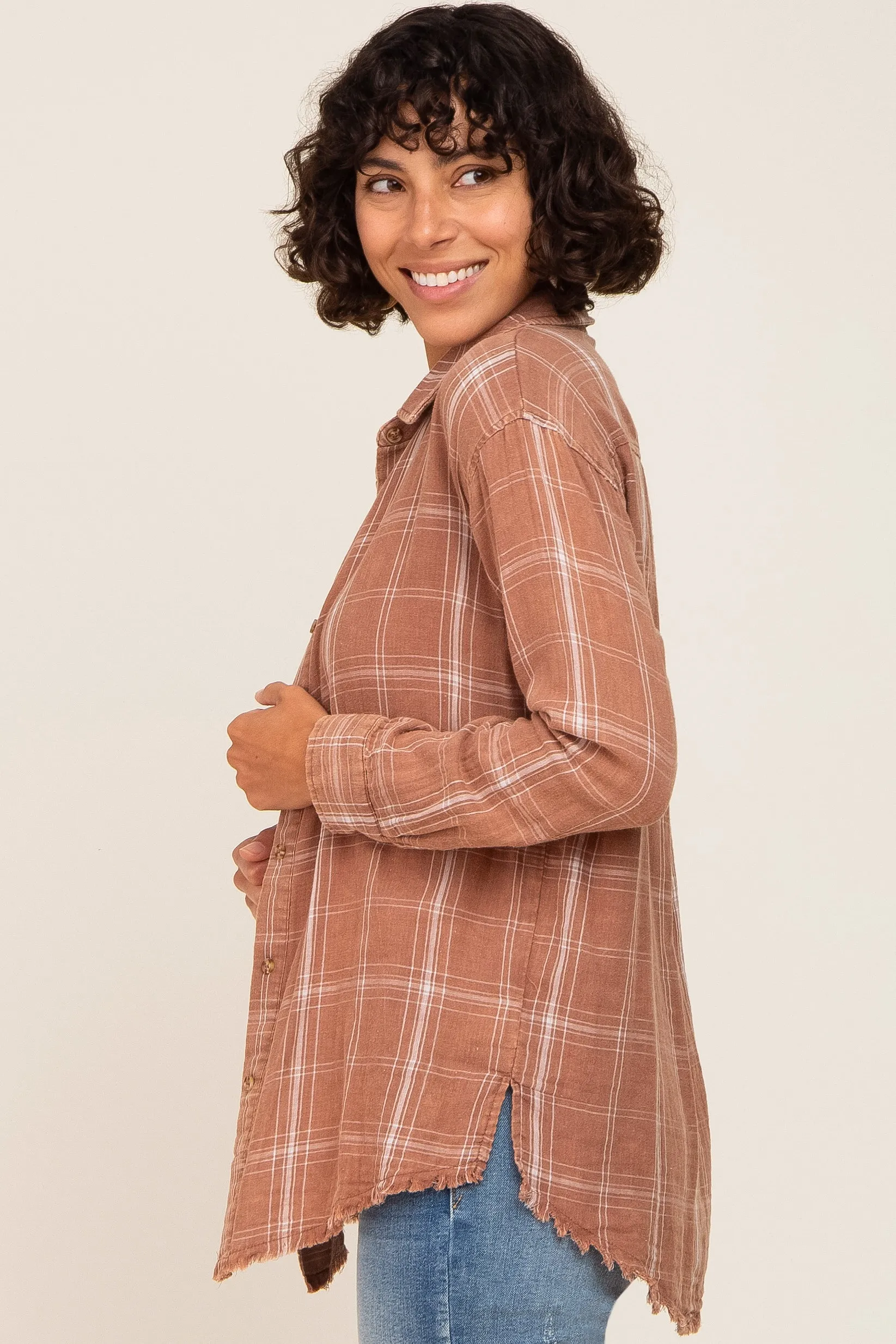 Rust Plaid Button Front Raw Hem Top sold by Pinkblush product image thumbnail 2
