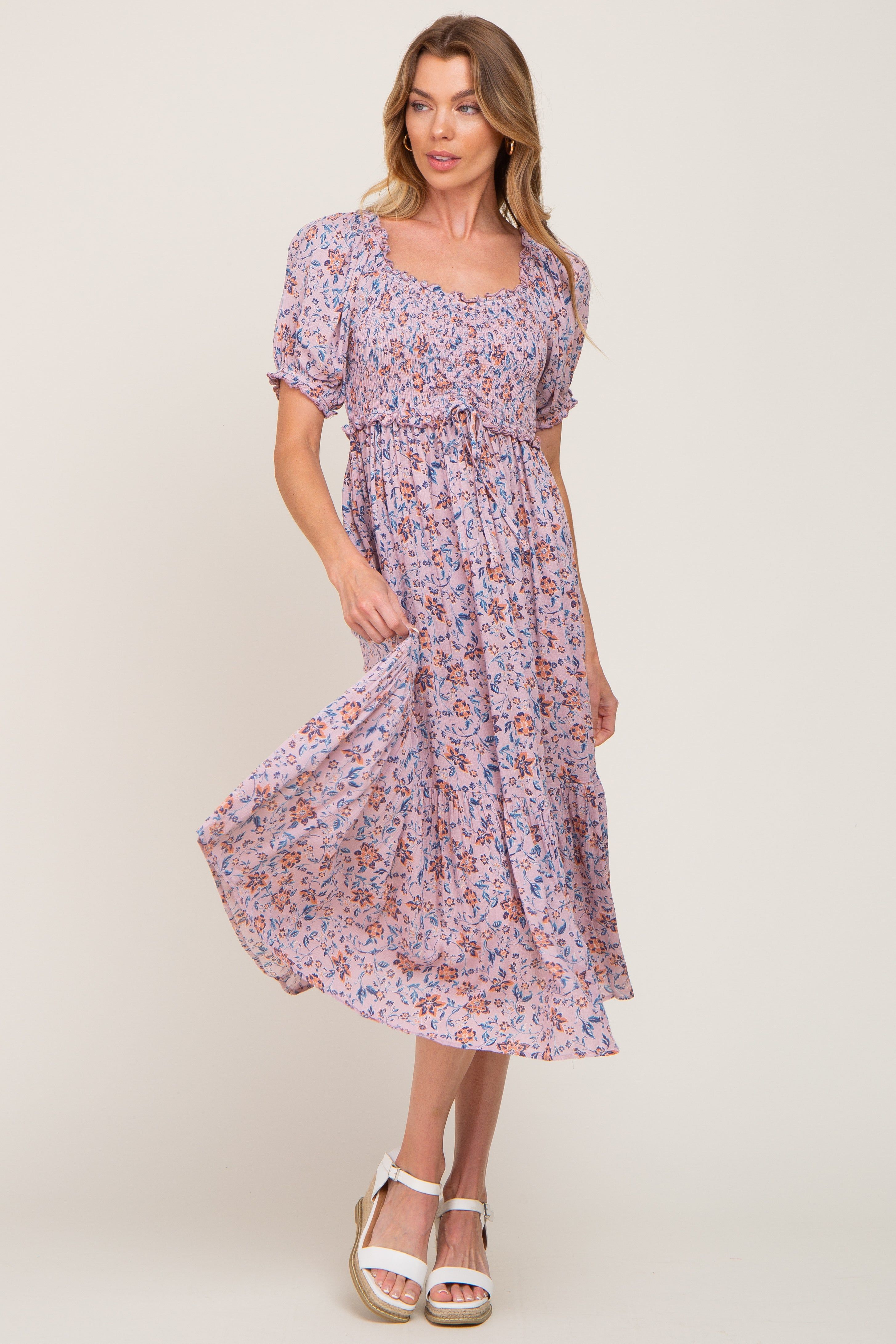 Mauve Floral Smocked Sweetheart Neck Midi Dress sold by Pinkblush product image thumbnail 5