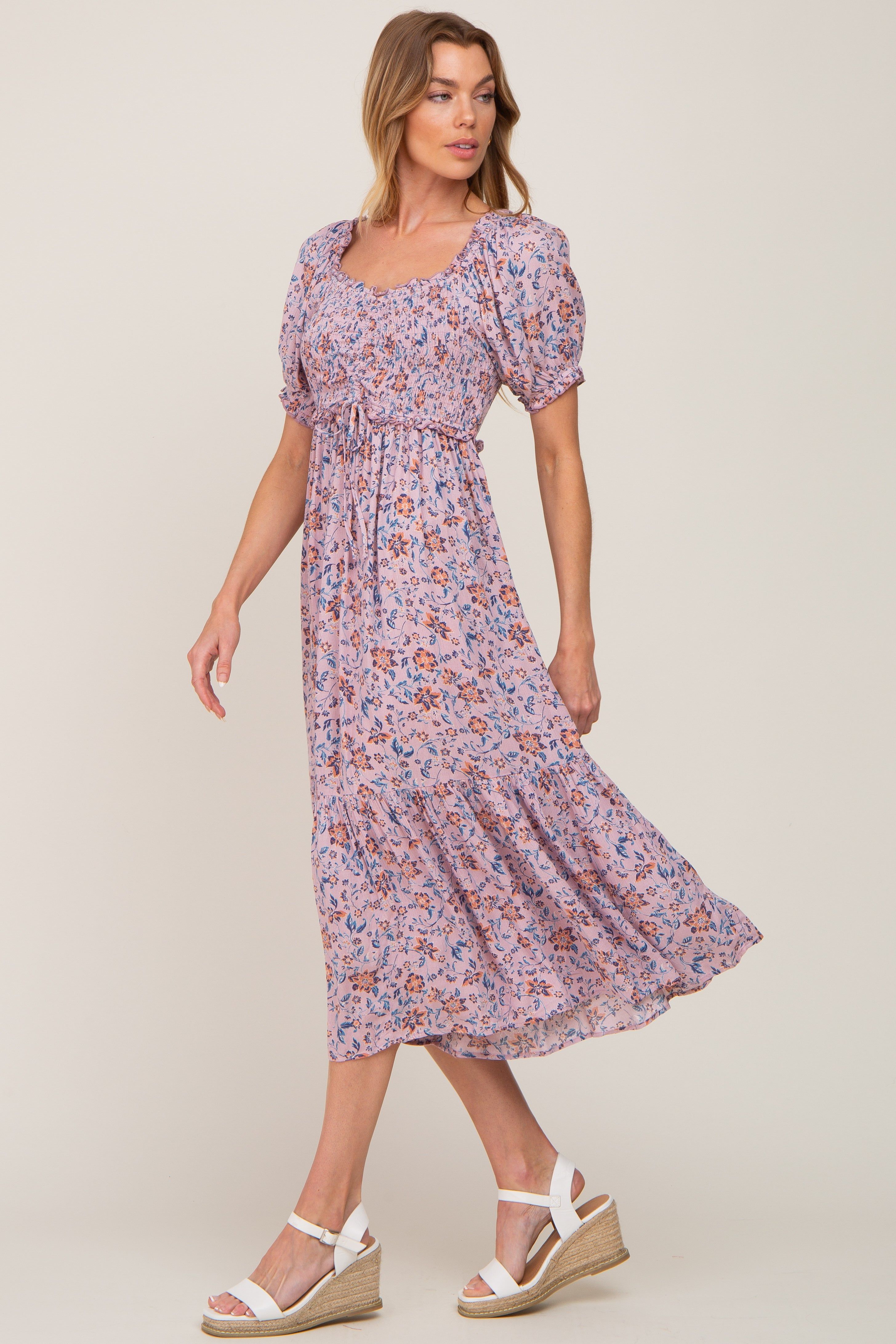 Mauve Floral Smocked Sweetheart Neck Midi Dress sold by Pinkblush product image thumbnail 2