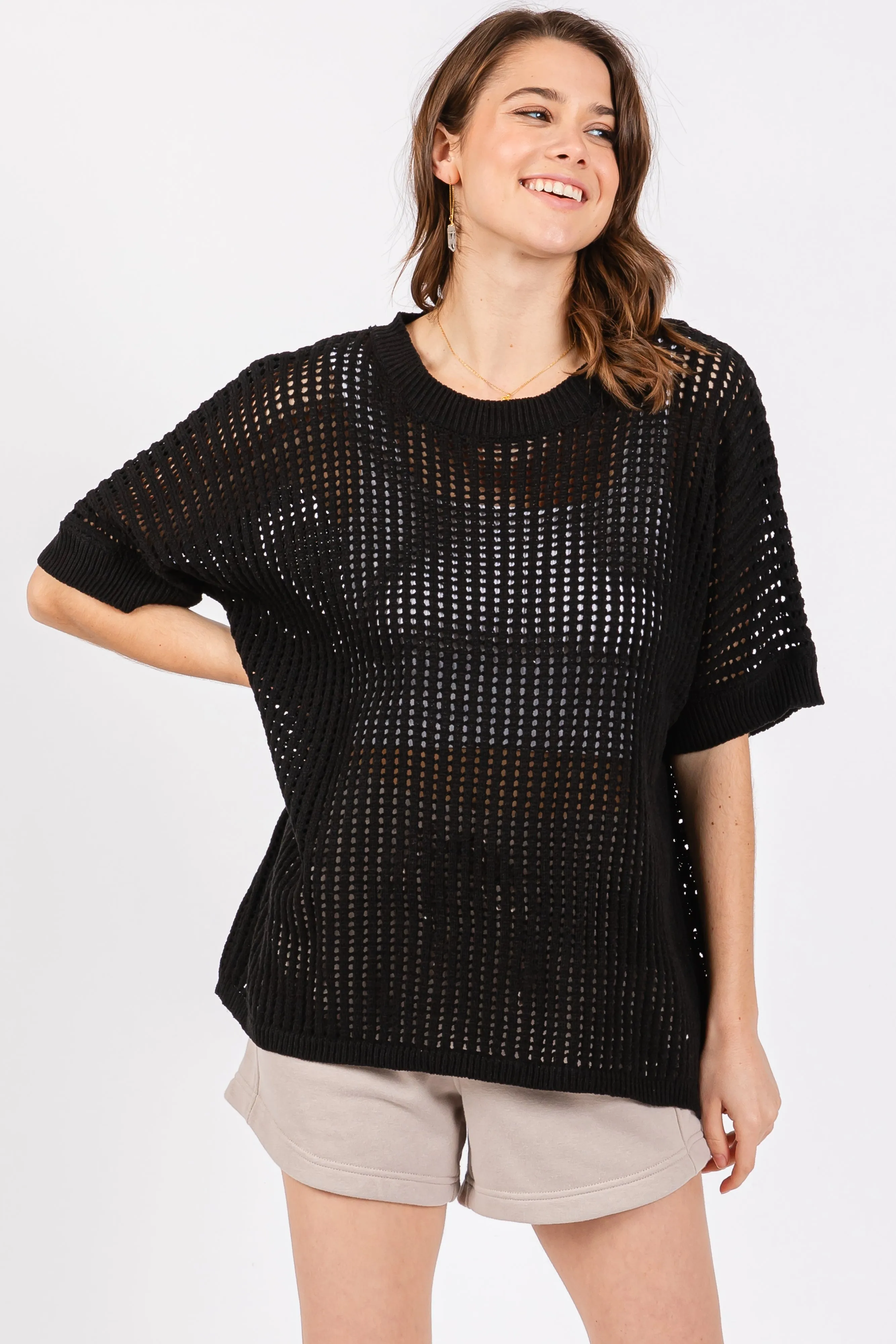 Black Crochet Knit Short Dolman Sleeve Top sold by Pinkblush