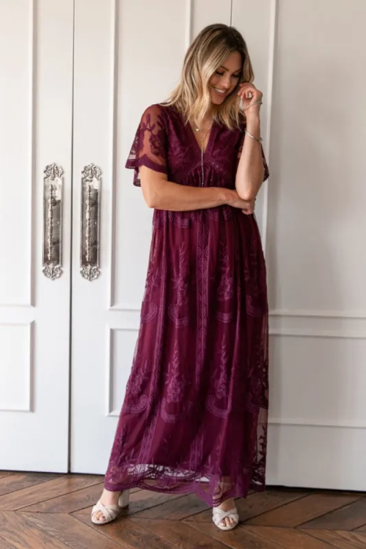 PinkBlush Deep Burgundy Lace Mesh Overlay Maxi Dress sold by Pinkblush
