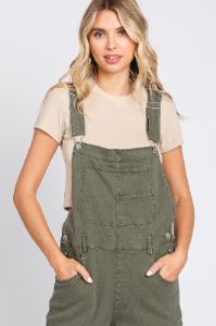 Olive Cargo Pocket Denim Overalls sold by Pinkblush