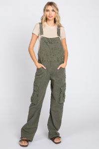 Olive Cargo Pocket Denim Overalls sold by Pinkblush