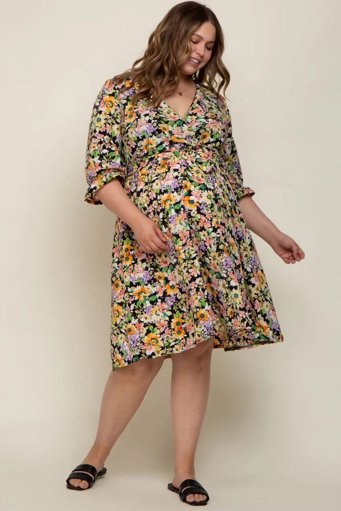 Black Floral 3/4 Sleeve Wrap Maternity Plus Dress sold by Pinkblush product image thumbnail 5
