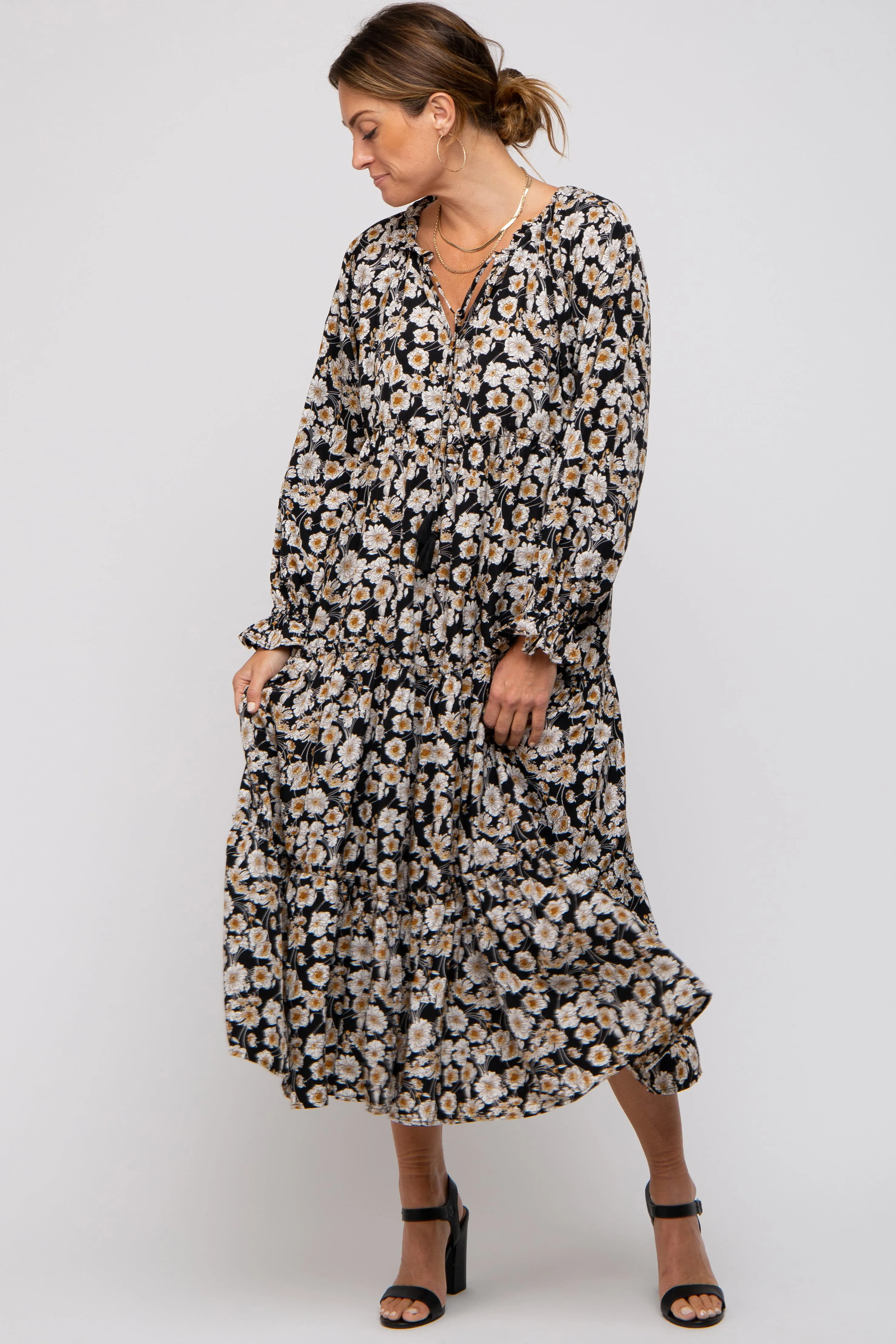 Black Floral Ruffle Neck Tiered Midi Dress sold by Pinkblush product image thumbnail 5