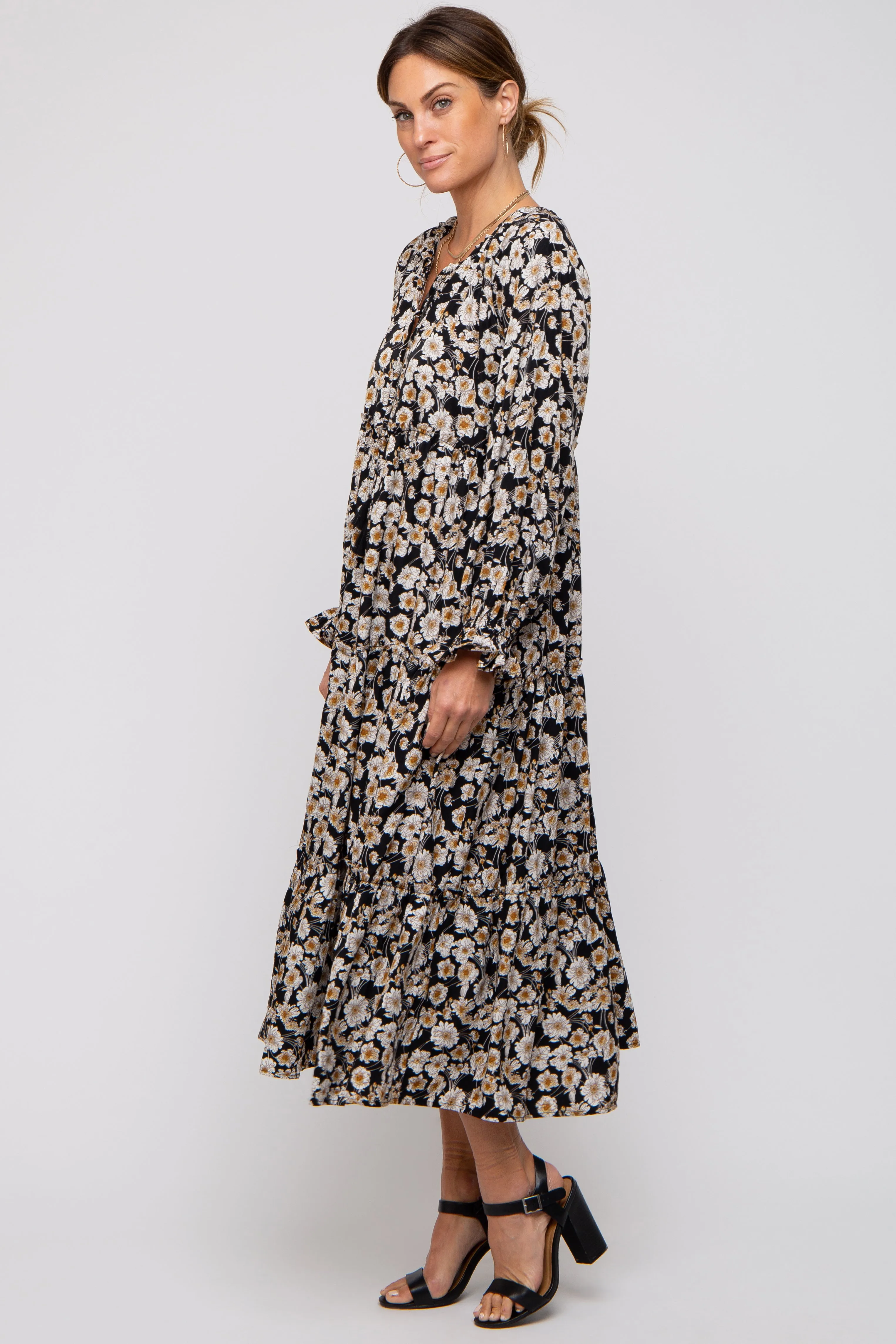 Black Floral Ruffle Neck Tiered Midi Dress sold by Pinkblush product image thumbnail 2