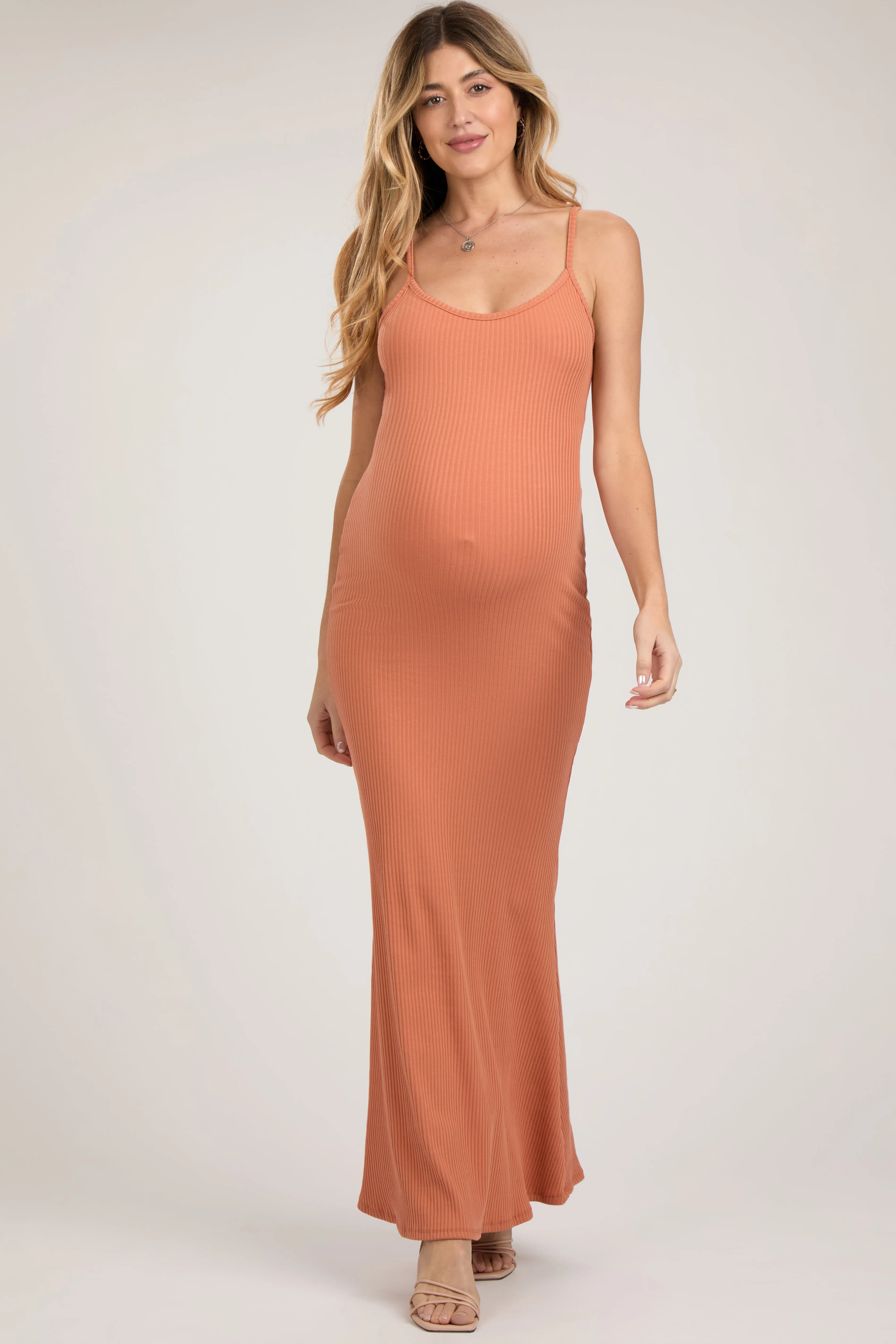 Peach Ribbed Maternity Maxi Dress sold by Pinkblush