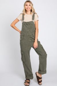 Olive Cargo Pocket Denim Overalls sold by Pinkblush
