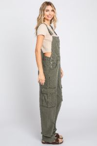 Olive Cargo Pocket Denim Overalls sold by Pinkblush