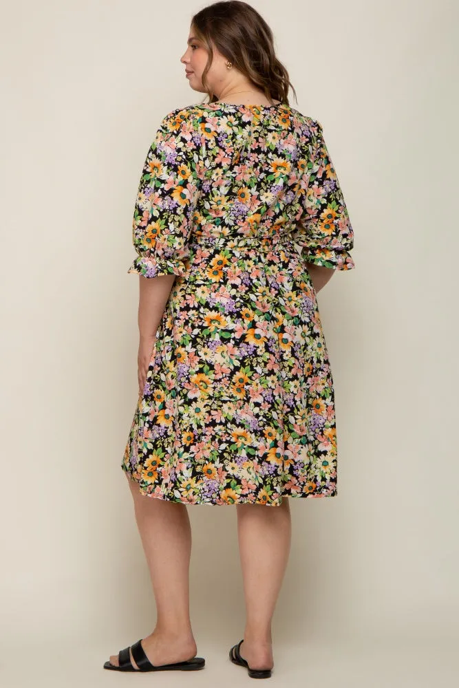 Black Floral 3/4 Sleeve Wrap Maternity Plus Dress sold by Pinkblush product image thumbnail 3