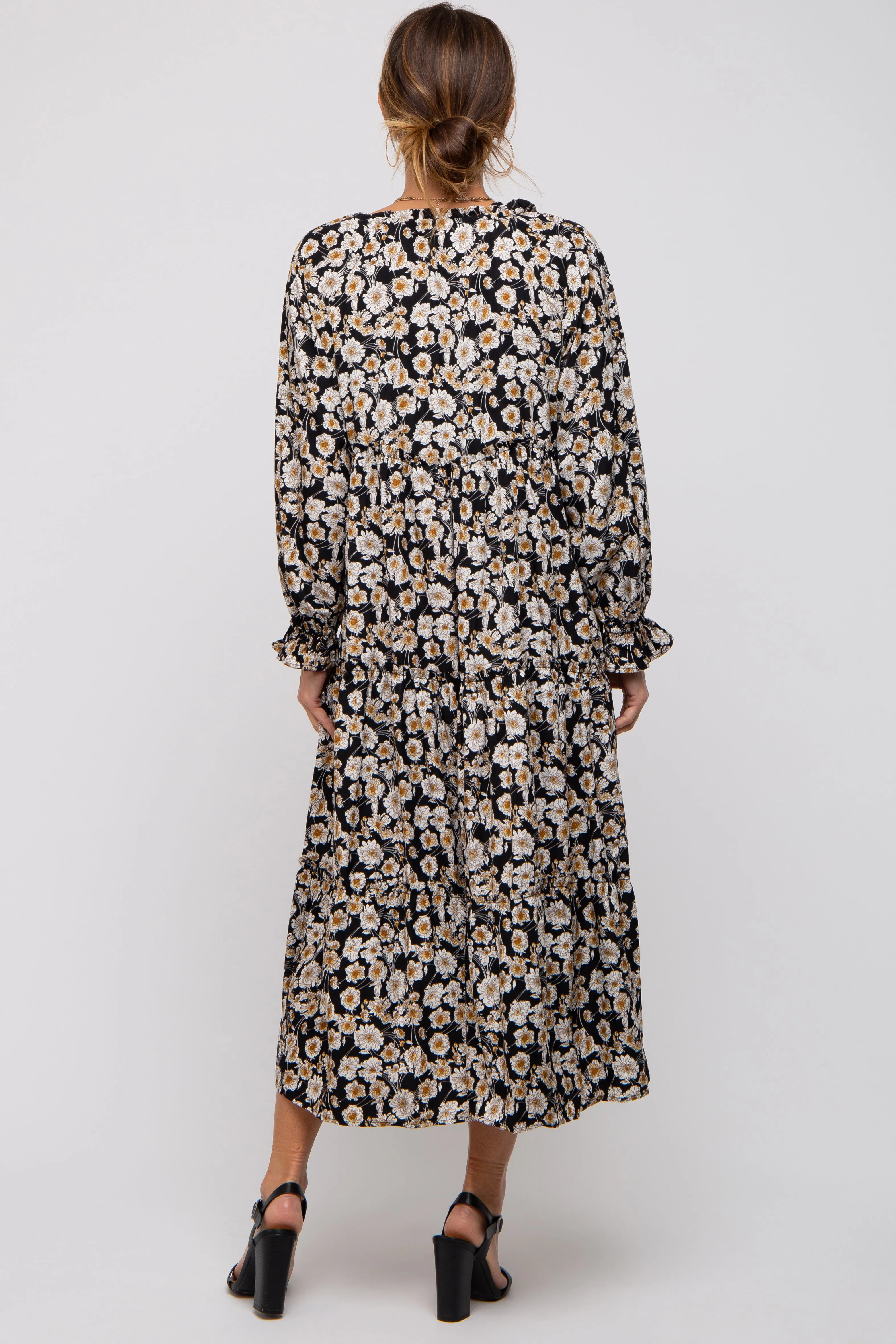 Black Floral Ruffle Neck Tiered Midi Dress sold by Pinkblush product image thumbnail 3