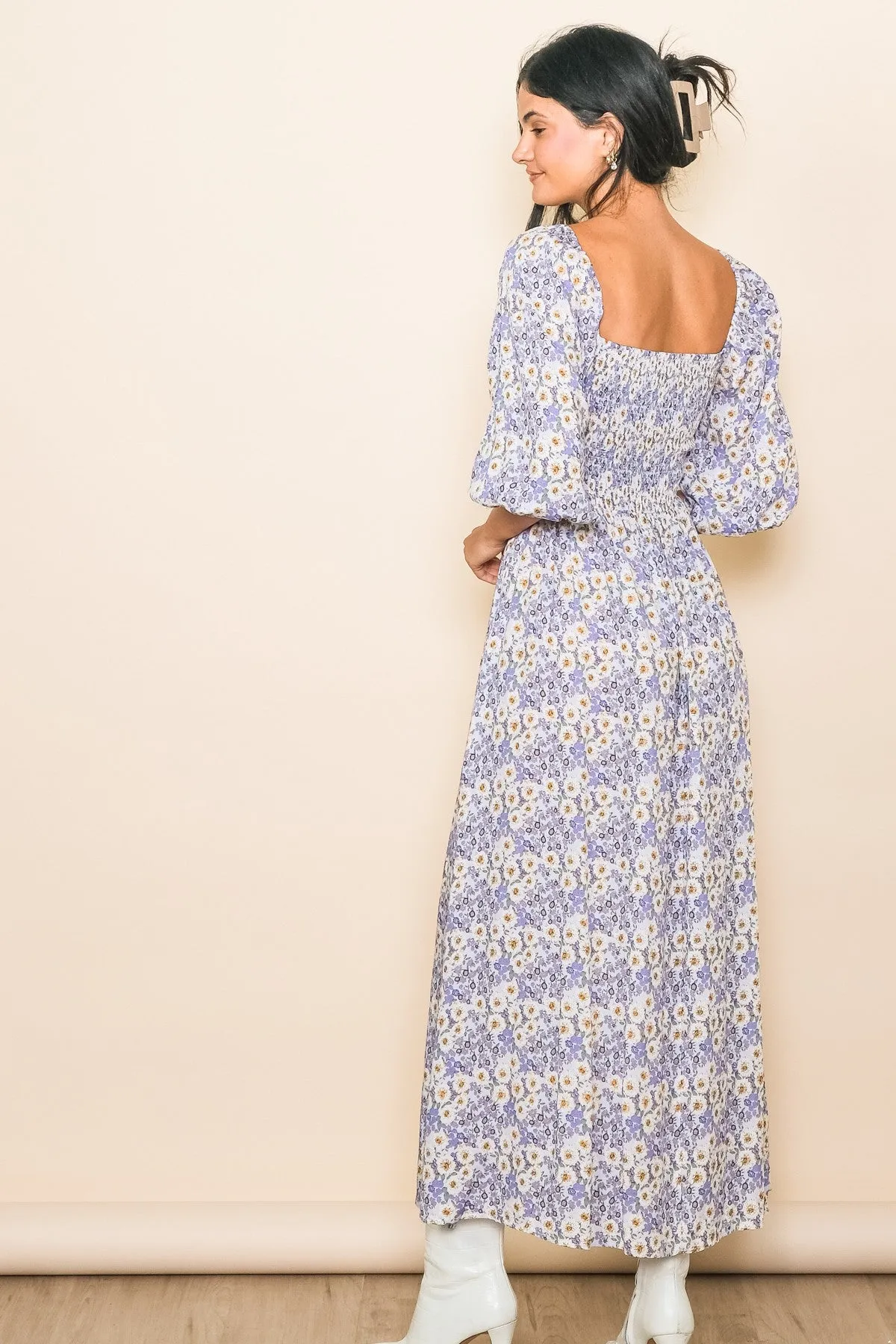 Lavender Abstract Floral Smocked Maxi Dress sold by Pinkblush product image thumbnail 3