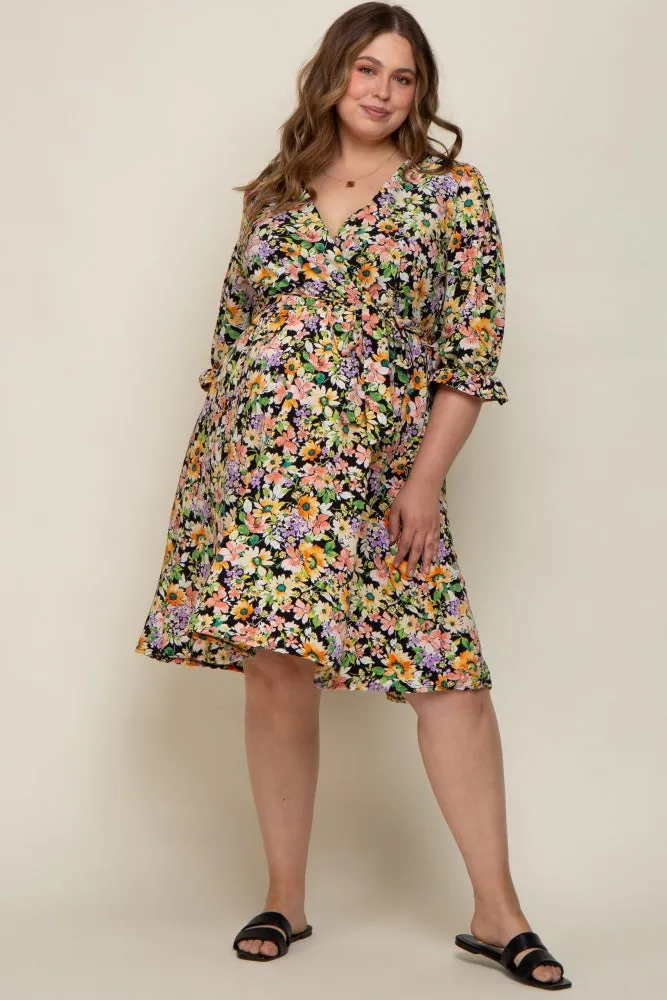 Black Floral 3/4 Sleeve Wrap Maternity Plus Dress sold by Pinkblush product image thumbnail 4