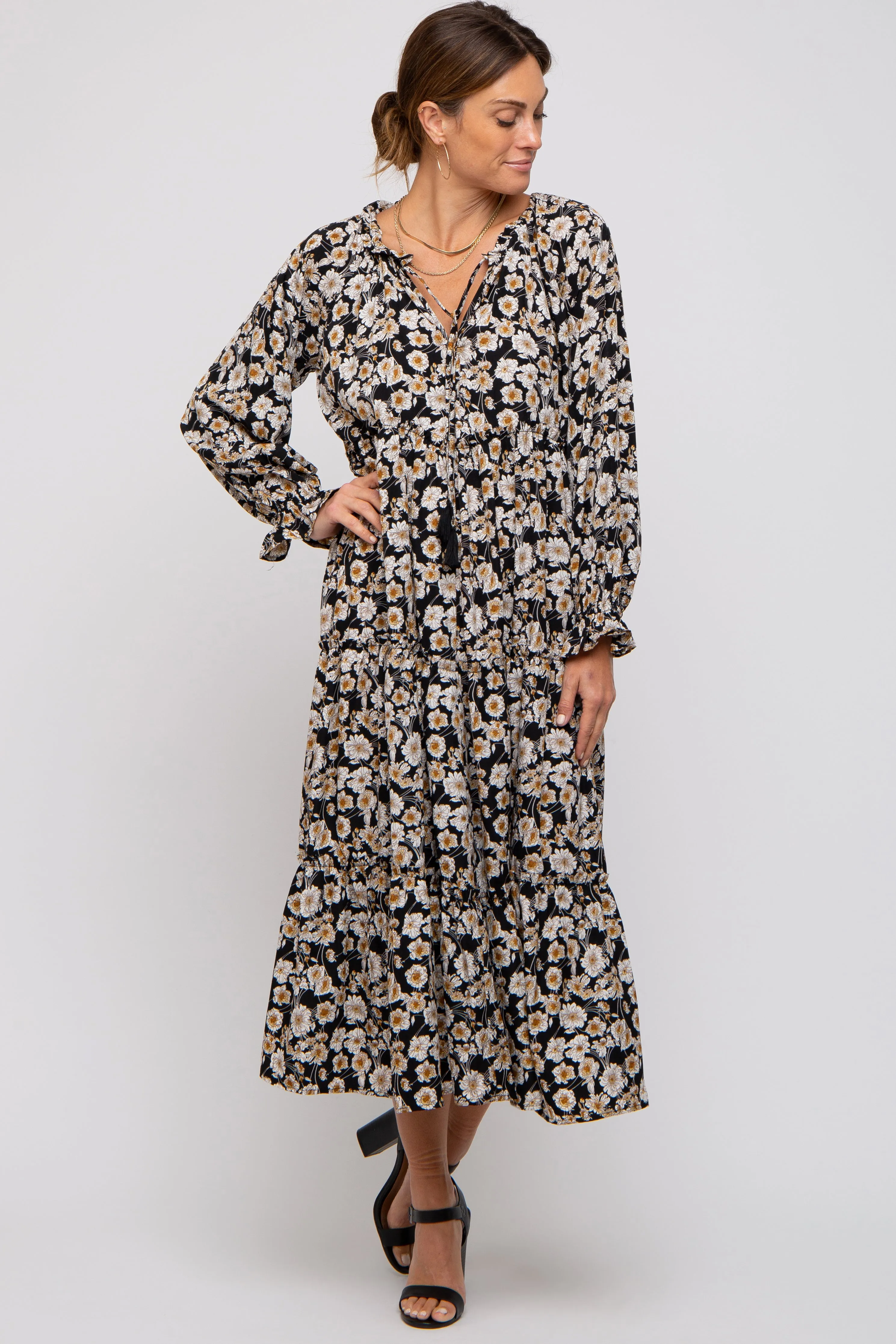 Black Floral Ruffle Neck Tiered Midi Dress sold by Pinkblush product image thumbnail 4