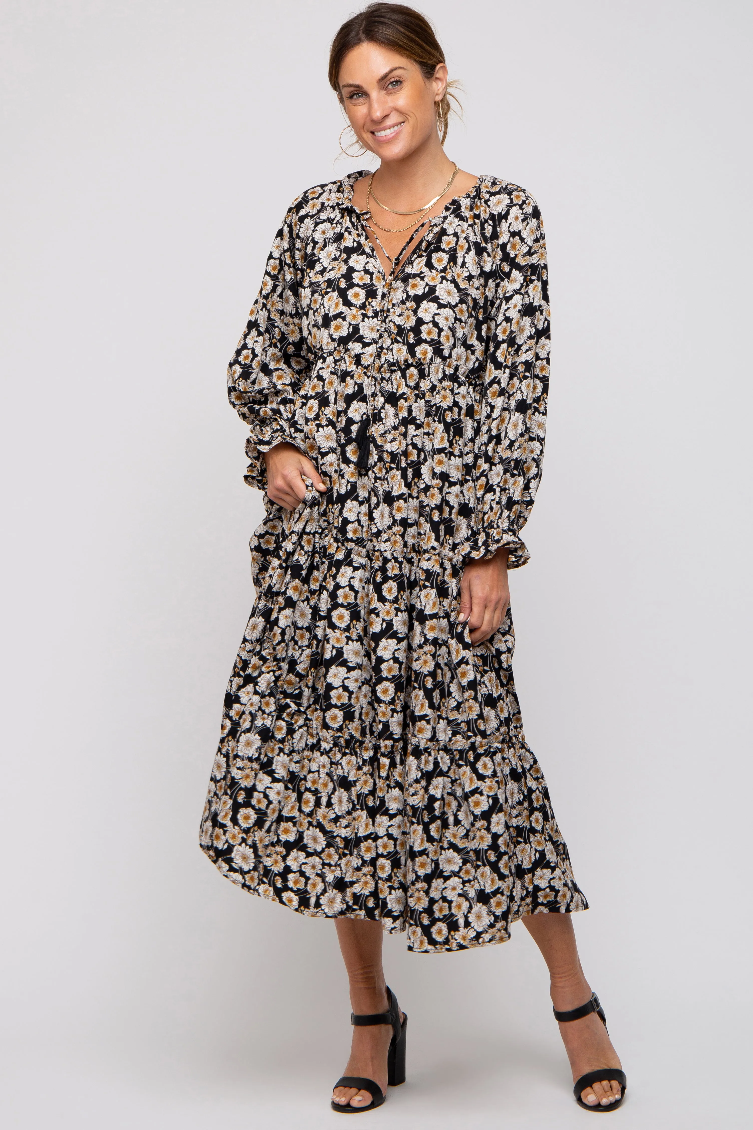 Black Floral Ruffle Neck Tiered Midi Dress sold by Pinkblush