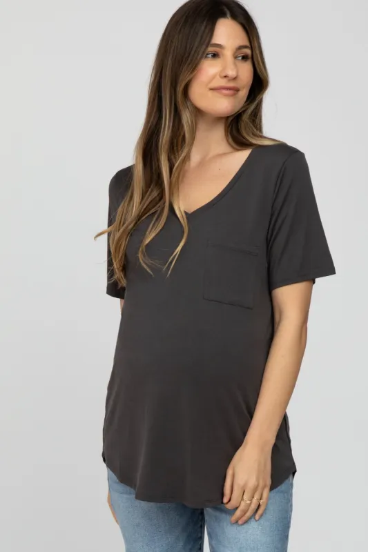 Charcoal V-Neck Front Pocket Short Sleeve Maternity Top sold by Pinkblush