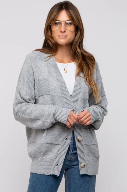 Grey Checkered Knit Button Front Cardigan sold by Pinkblush