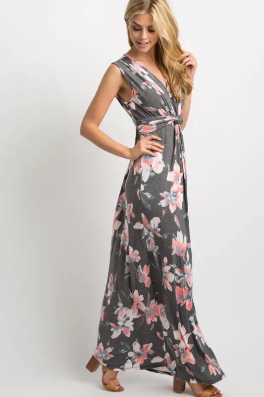 Charcoal Grey Floral Sleeveless Knot Front Maxi Dress sold by Pinkblush