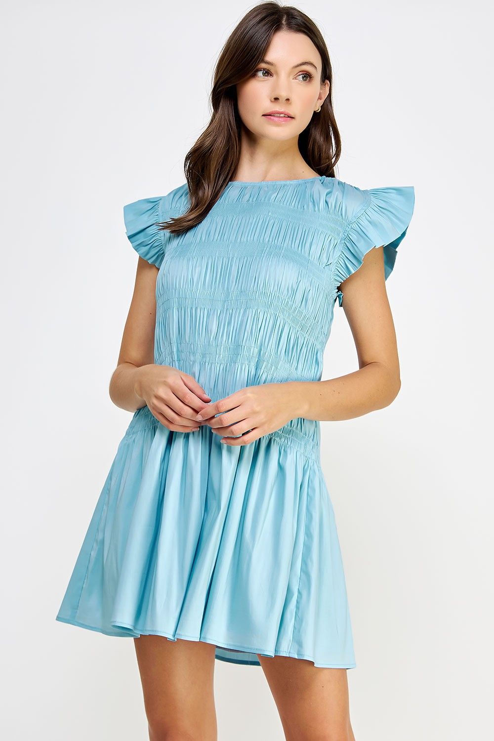 Sky Blue Smocked Bodice Poplin Mini Dress sold by Pinkblush
