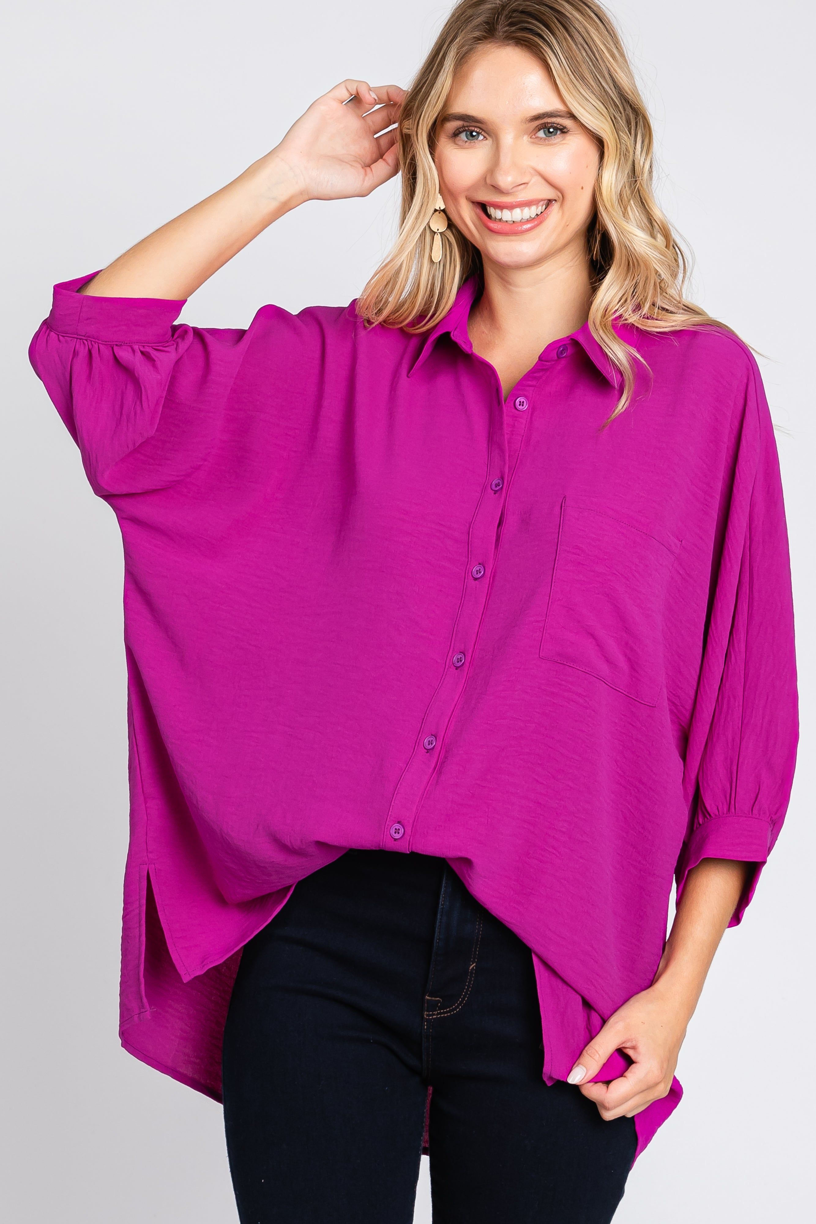 Magenta Button Down 3/4 Sleeve Top sold by Pinkblush