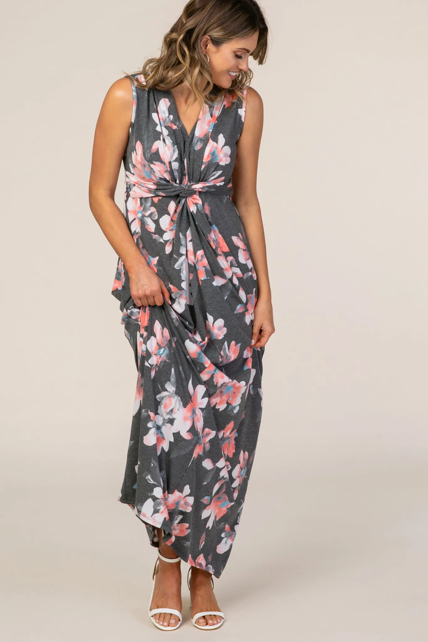 Charcoal Grey Floral Sleeveless Knot Front Maxi Dress sold by Pinkblush product image thumbnail 5