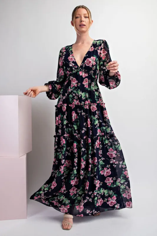 Navy Blue Floral Chiffon Ruffle Tiered Maxi Dress sold by Pinkblush