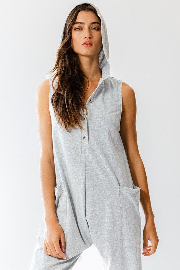 Heather Grey Hooded Button Up Jumpsuit sold by Pinkblush