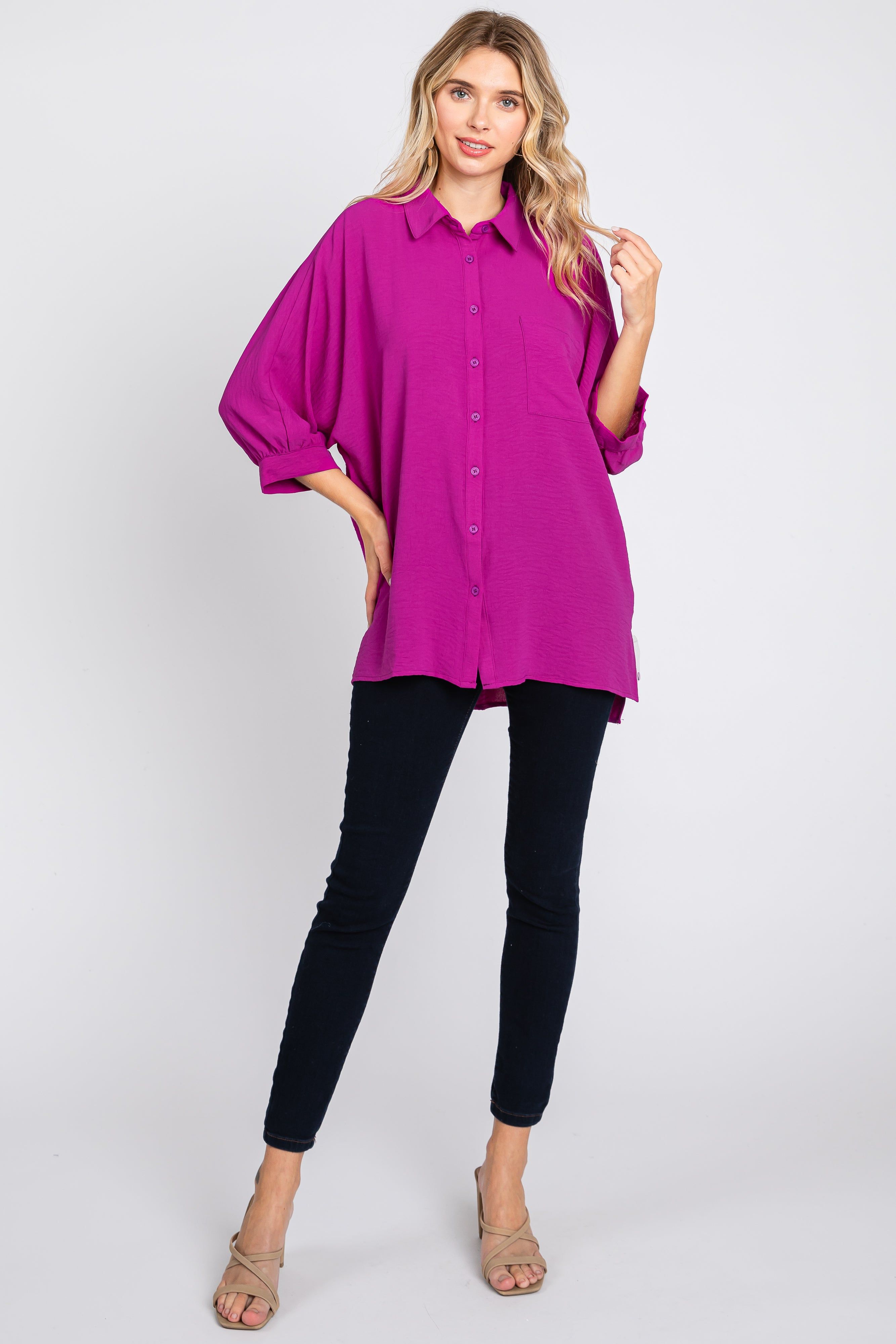Magenta Button Down 3/4 Sleeve Top sold by Pinkblush product image thumbnail 2