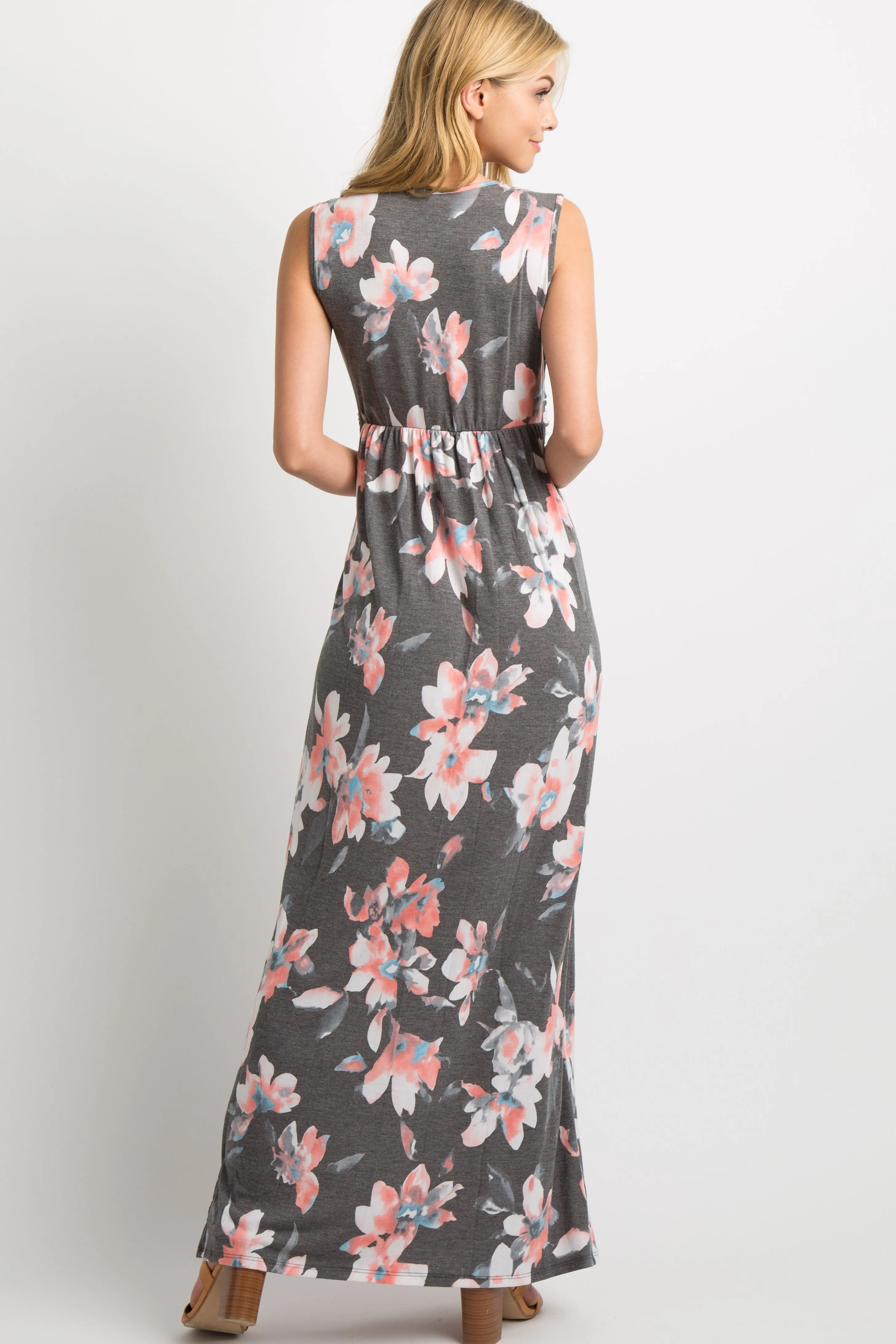 Charcoal Grey Floral Sleeveless Knot Front Maxi Dress sold by Pinkblush product image thumbnail 3