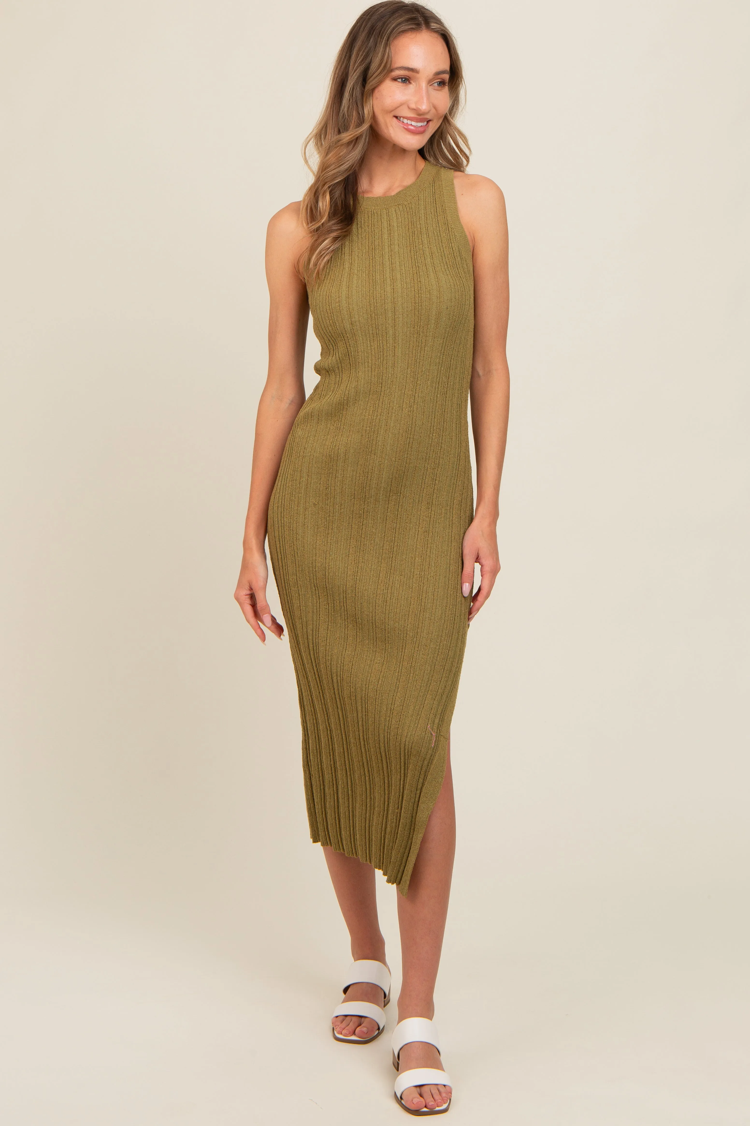 Light Olive Ribbed Side Slit Sleeveless Midi Dress sold by Pinkblush product image thumbnail 2