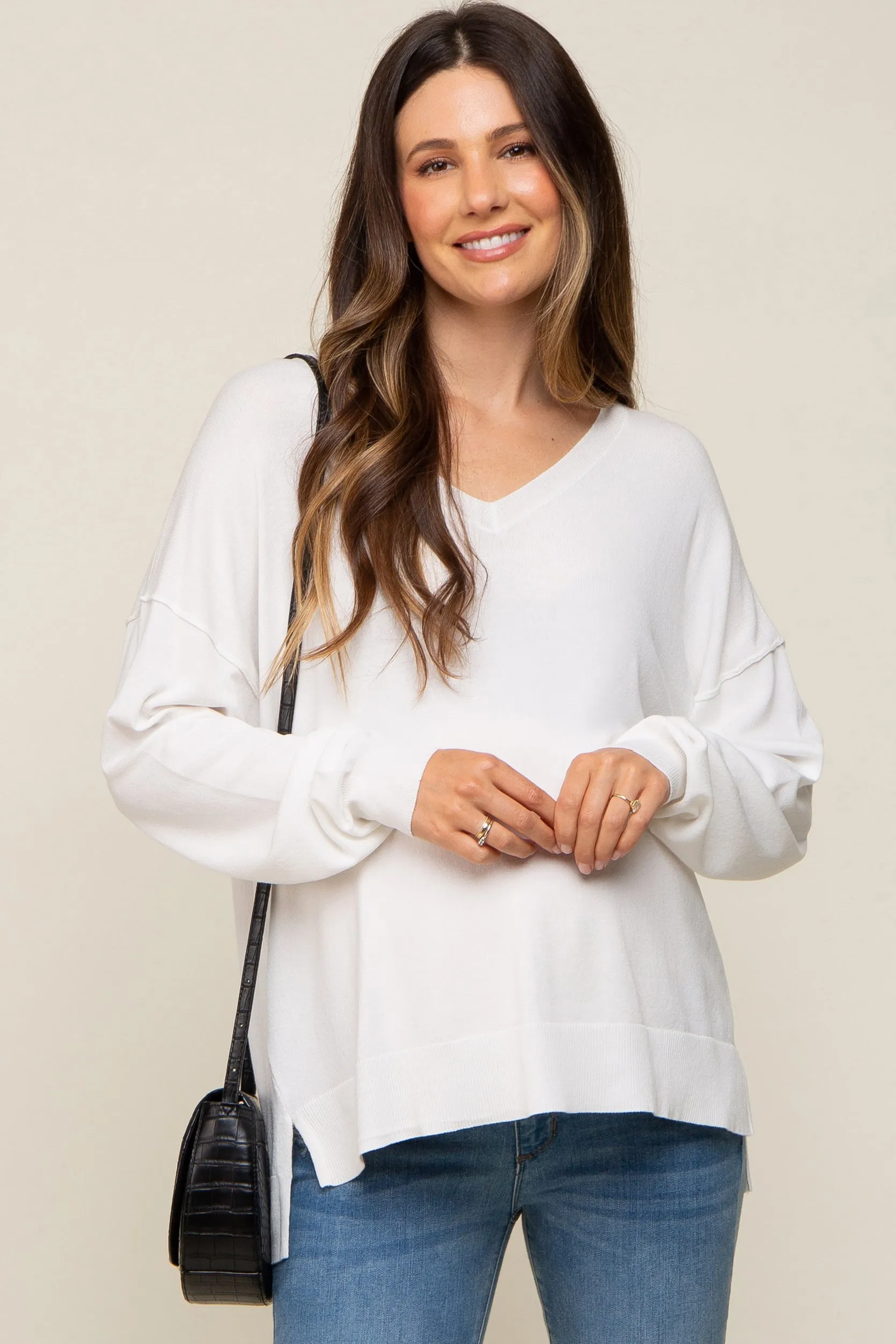 Ivory Knit V-Neck Long Sleeve Maternity Top sold by Pinkblush
