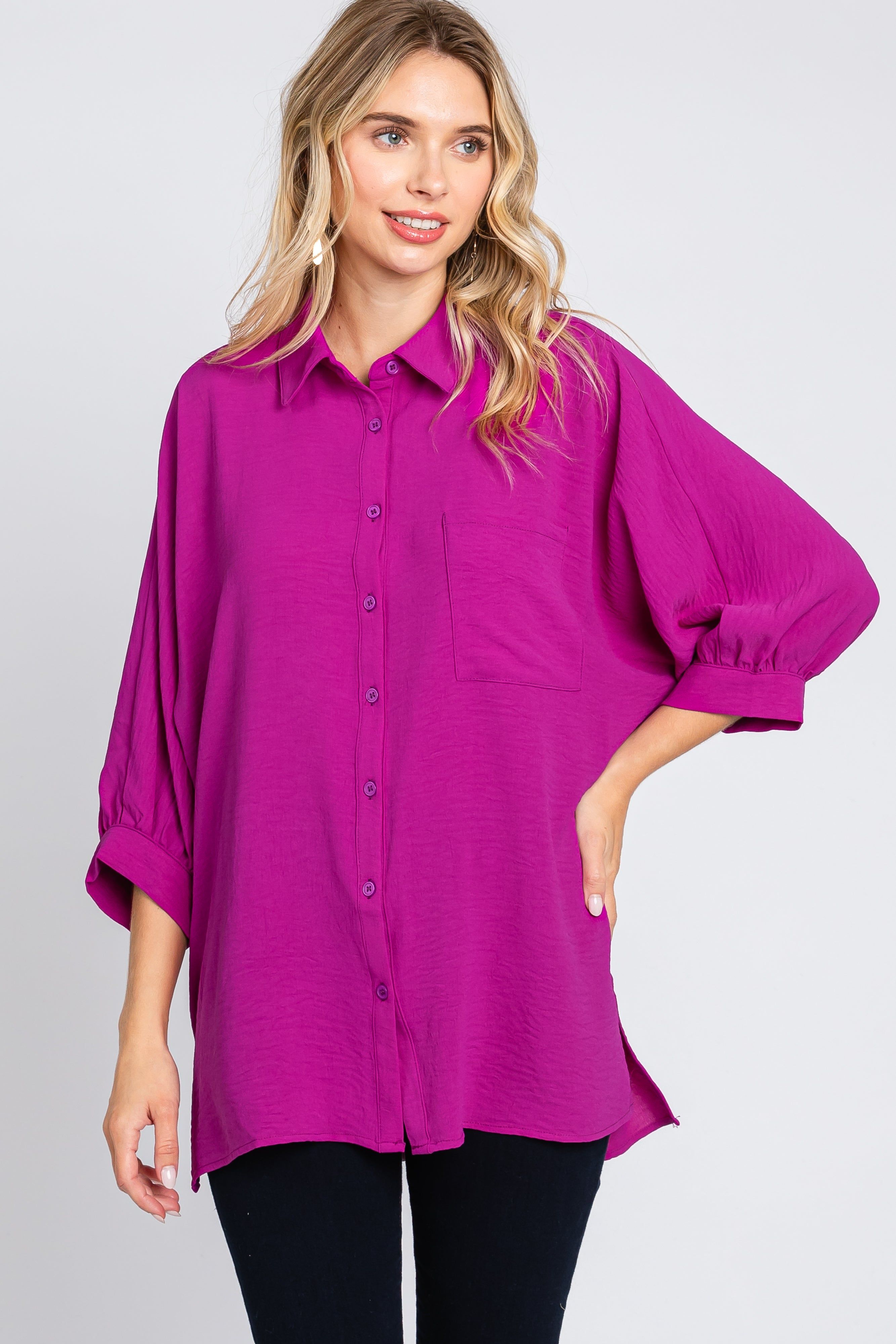 Magenta Button Down 3/4 Sleeve Top sold by Pinkblush product image thumbnail 3