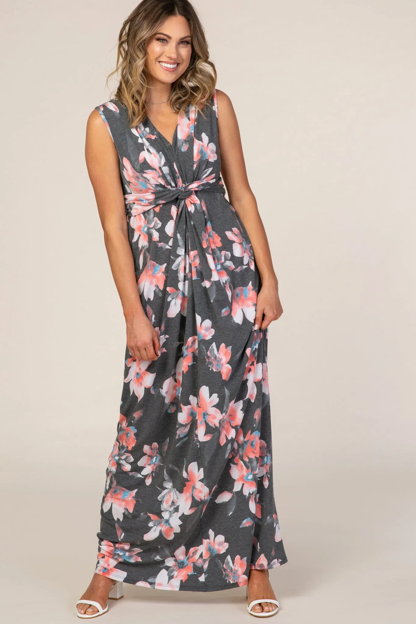 Charcoal Grey Floral Sleeveless Knot Front Maxi Dress sold by Pinkblush product image thumbnail 4